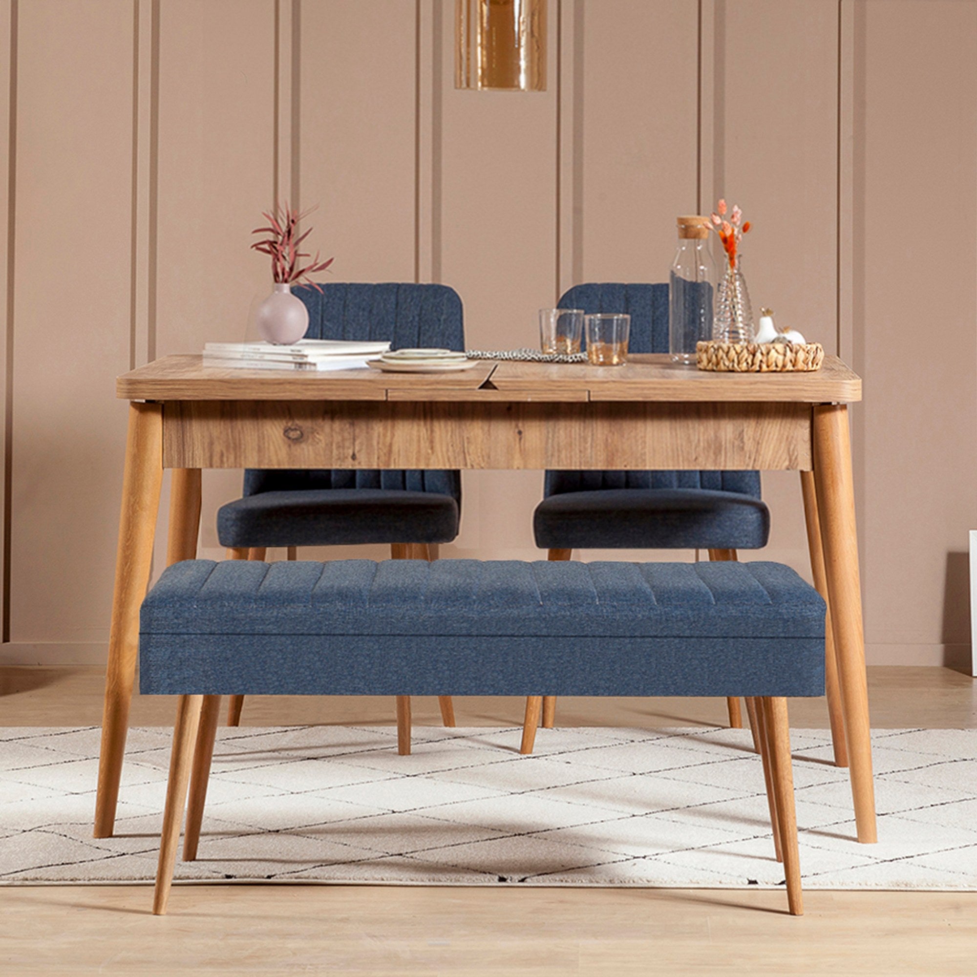 Conjunto de mesa de jantar extensível e cadeiras (4 peças) – 129-163 x 80 x 75 cm – Pinho Atlântico e Azul Escuro – Tecido de Linho