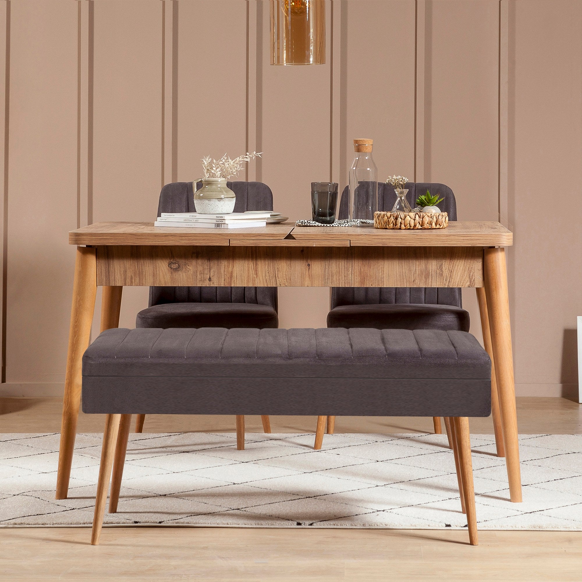 Conjunto de mesa de jantar extensível e cadeiras – 129-163 cm – Pinho Atlântico e Antracite – Melamina