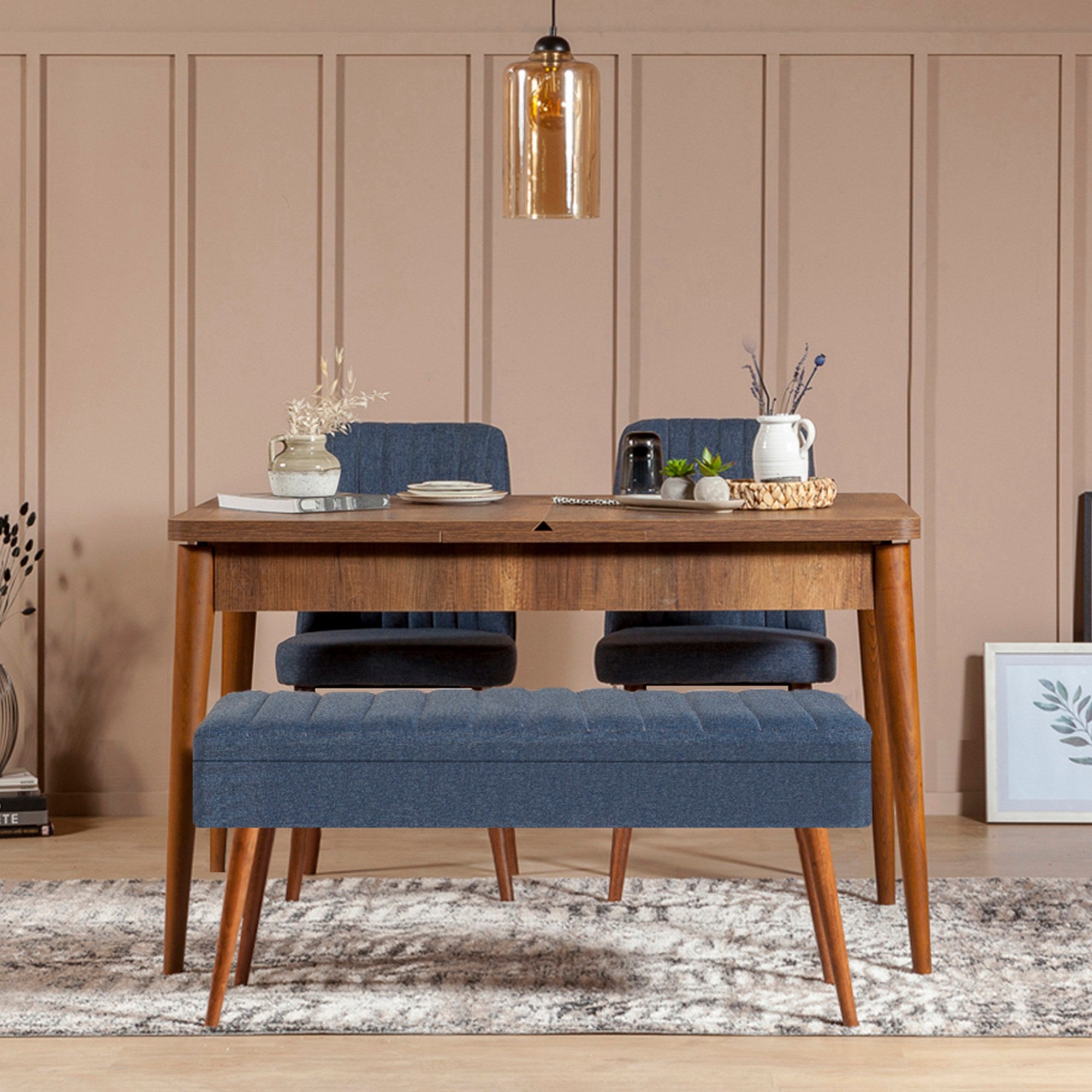 Conjunto de mesa de jantar extensível e cadeiras – 129-163 x 80 x 75 cm – azul-escuro e nogueira – tecido de linho