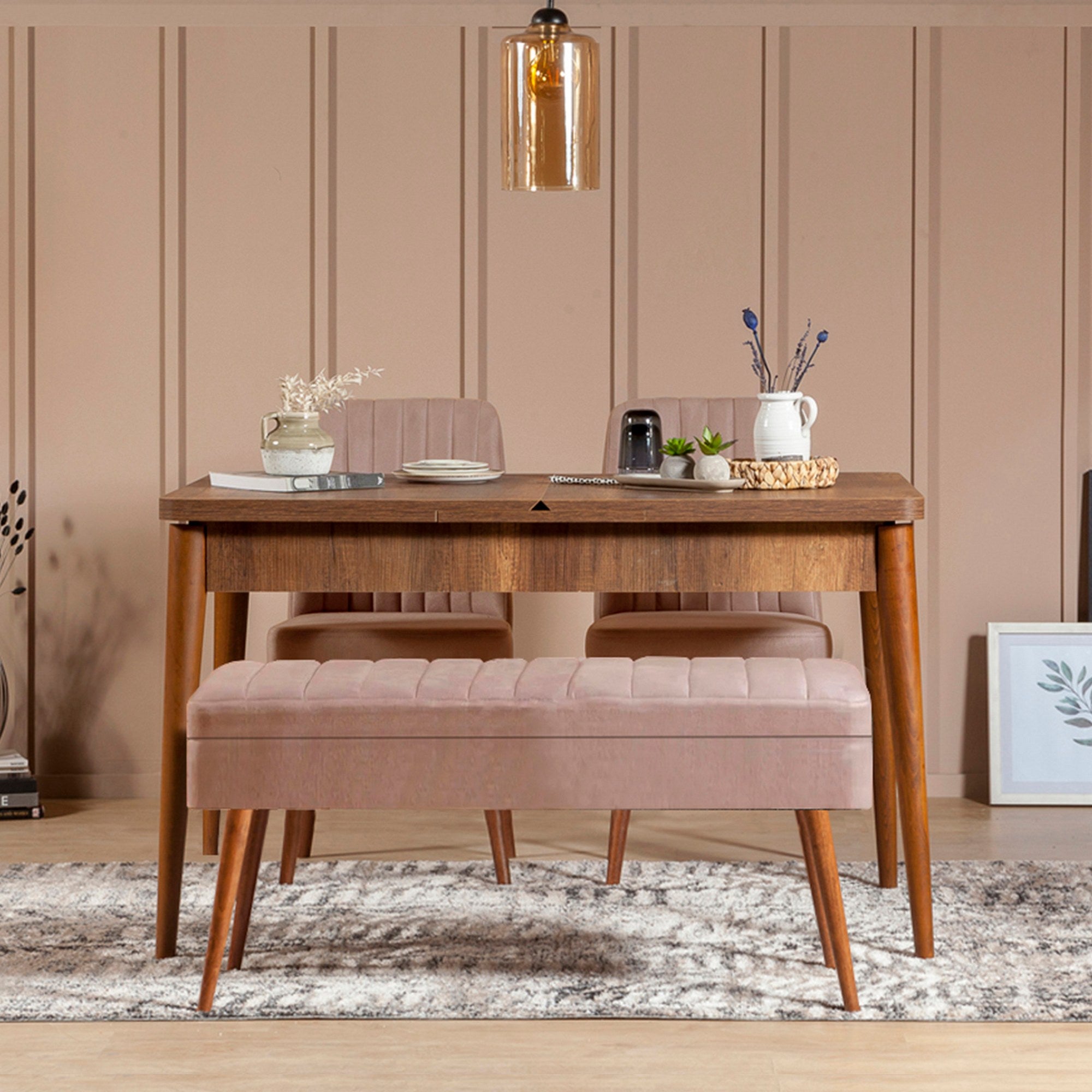 Conjunto de mesa de jantar extensível e cadeiras – 129-163 x 80 x 75 cm – nogueira e pedra – 100% veludo