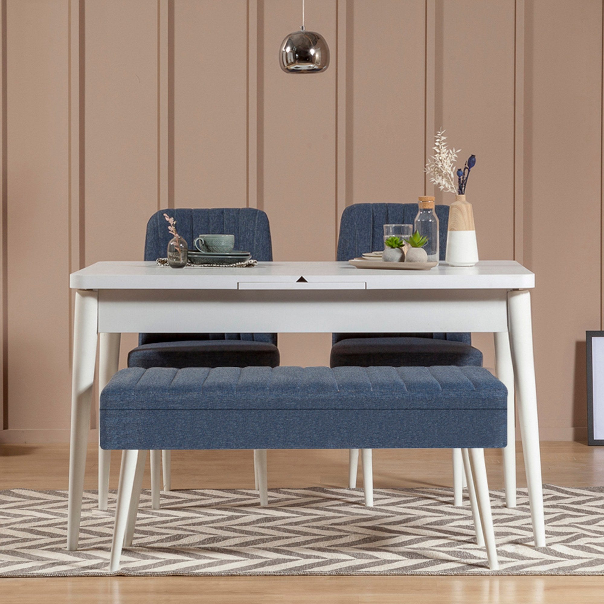 Conjunto de mesa de jantar extensível e cadeiras (4 peças) – 129-163 x 80 x 75 cm – Branco e azul-escuro – Tecido de linho