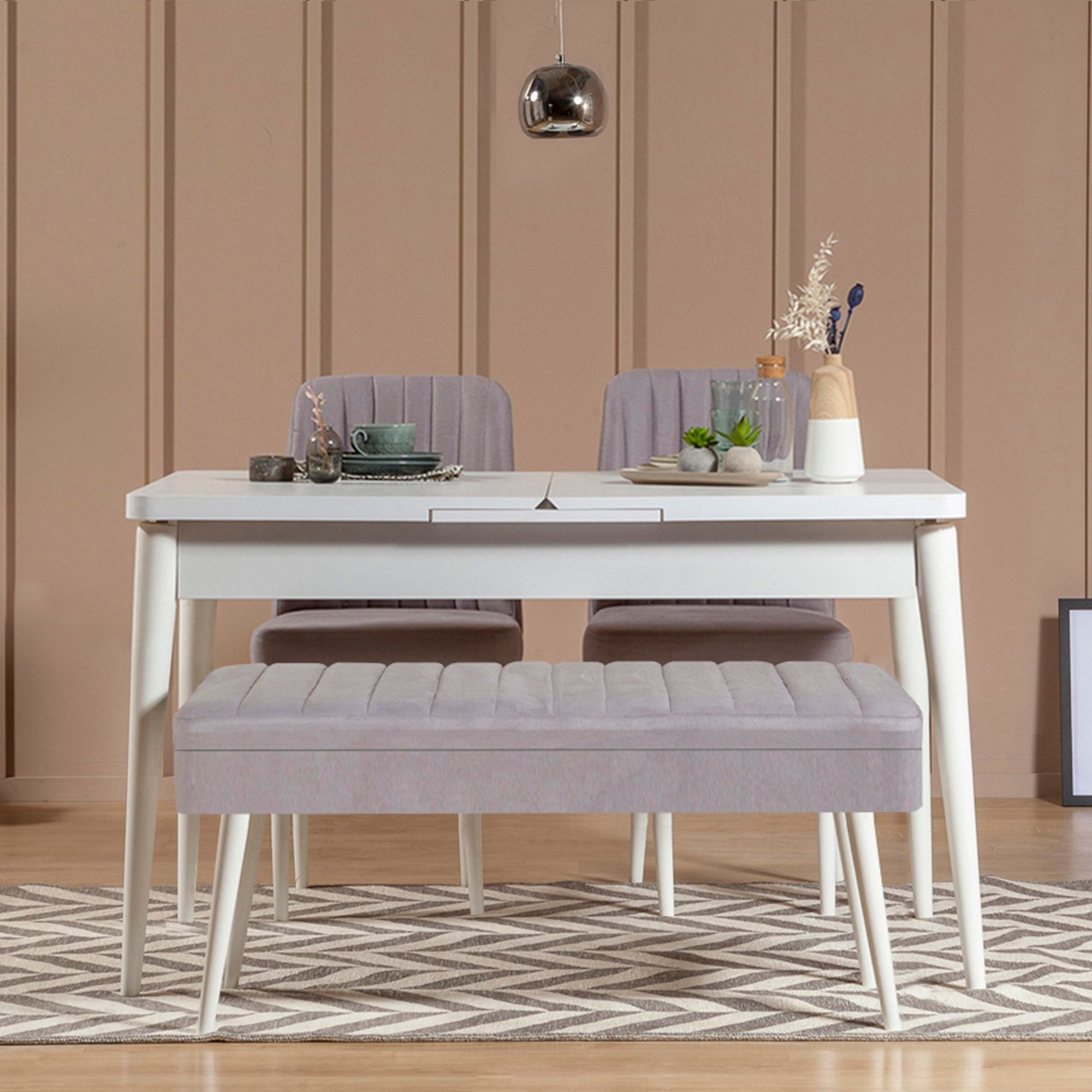 Conjunto de mesa de jantar extensível e cadeiras (4 peças) – 129-163 x 80 x 75 cm – Branco e Cinzento – Melamina