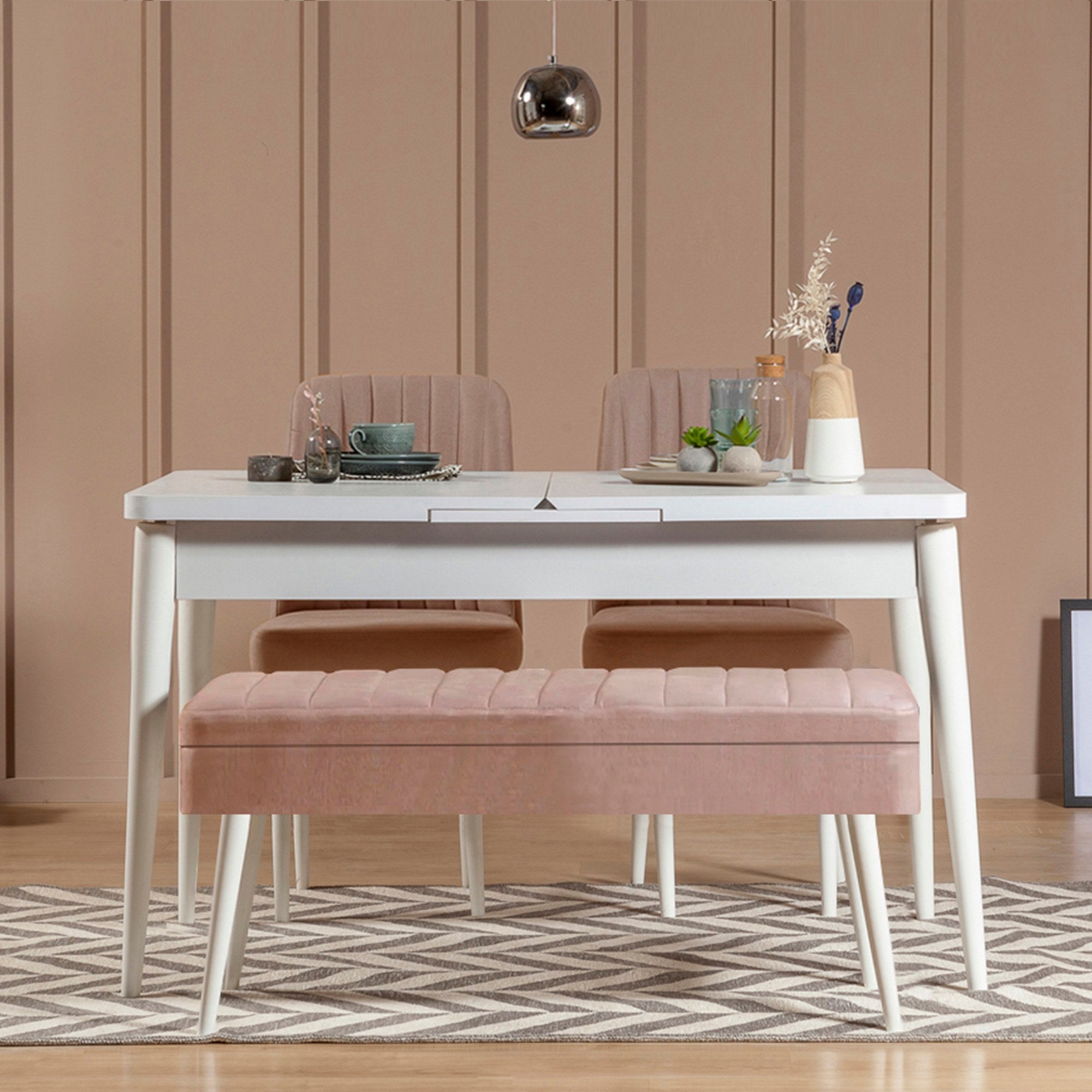 Conjunto de mesa de jantar extensível e cadeiras – 129-163 x 80 x 75 cm – branco e pedra – melamina