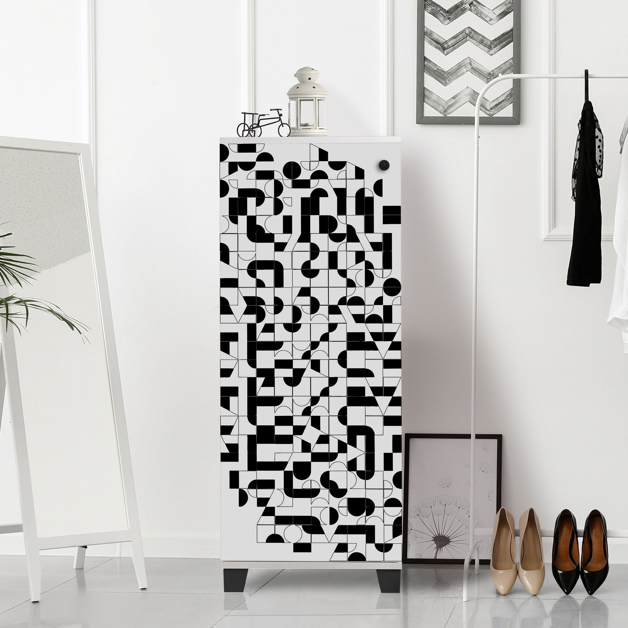 Sapateira moderna – 50 cm x 127 cm x 38 cm – branca e preta – melamina
