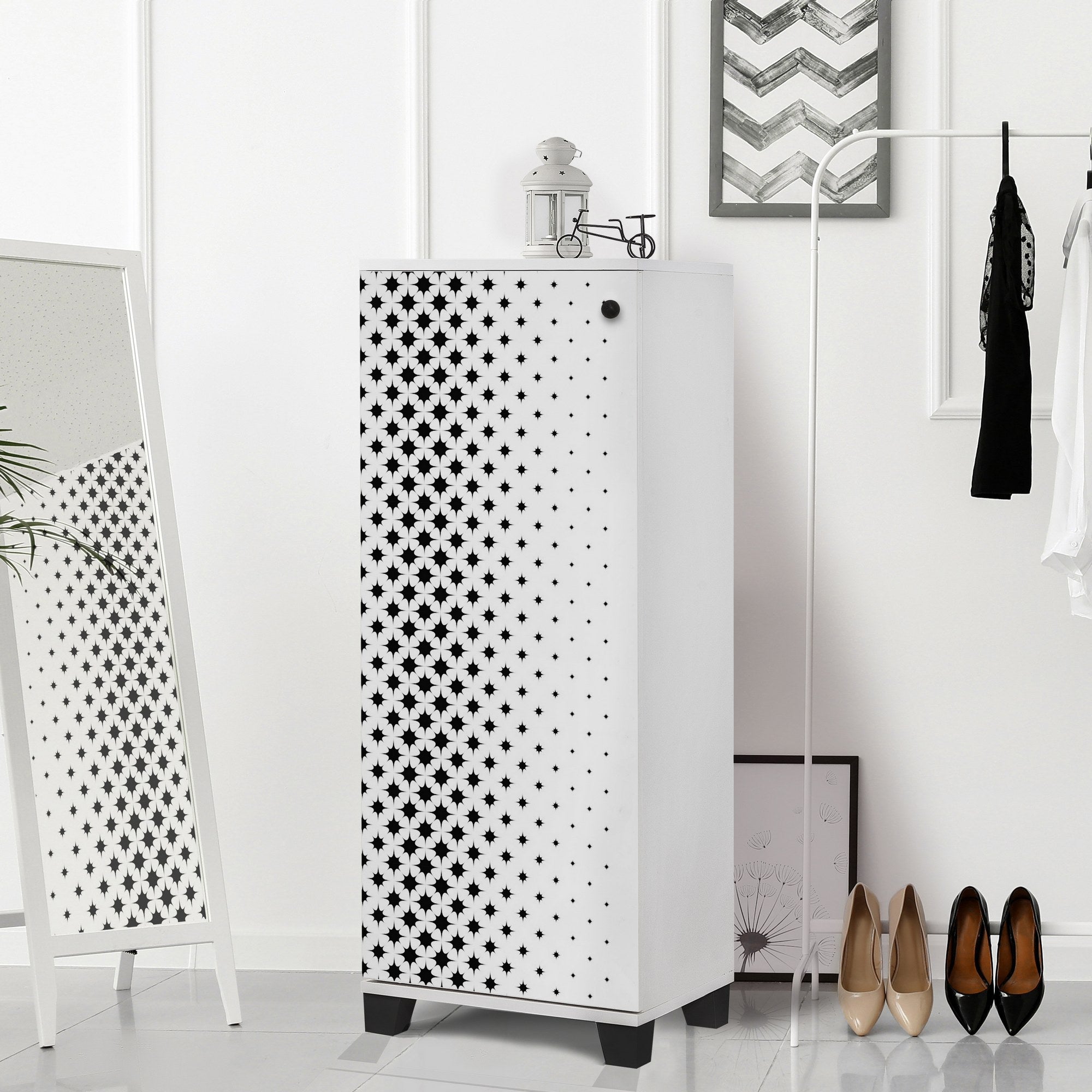 Sapateira moderna – 50 cm x 127 cm x 38 cm – branco e preto – melamina