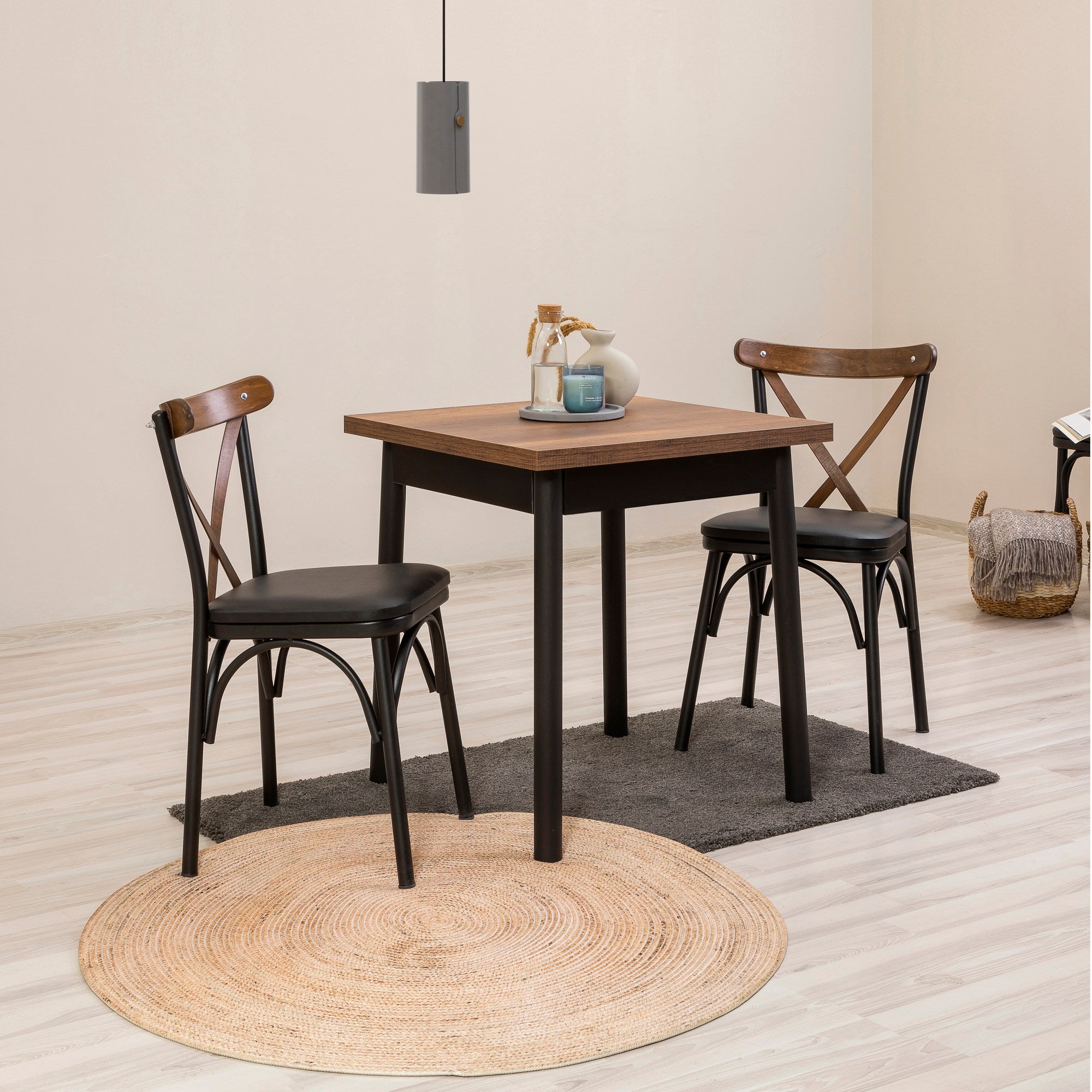 Conjunto elegante de mesa e cadeiras de 3 peças, preto | Painel de partículas 100% revestido de melamina, 18 cm de espessura | Estofamento em couro sintético, pernas em madeira de faia | Perfeito para salas de jantar e espaços de trabalho modernos