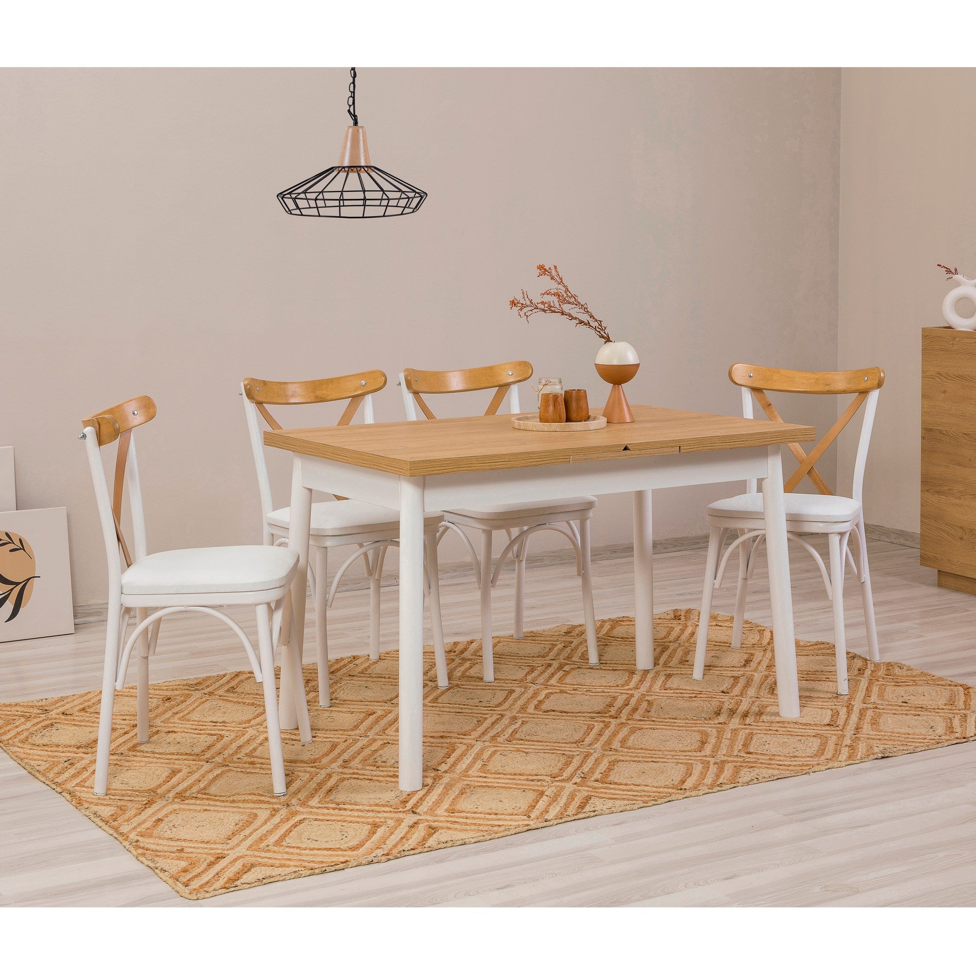 Conjunto de mesa de jantar extensível e cadeiras (5 peças), branco, 120-153 x 75 x 77 cm | Cadeiras 100% revestidas em melamina, couro sintético, pernas elegantes em madeira de faia