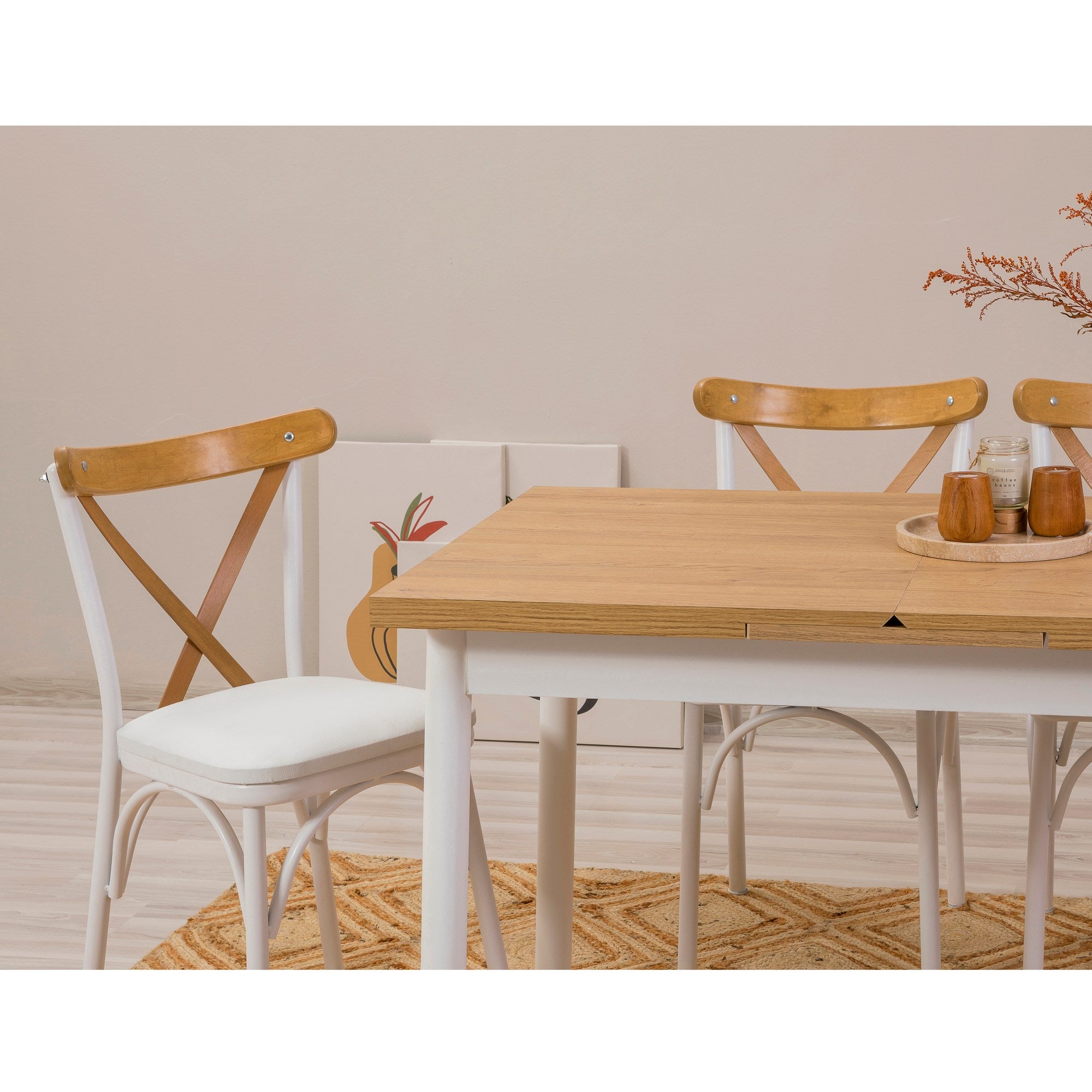 Conjunto de mesa de jantar extensível e cadeiras (5 peças), branco, 120-153 x 75 x 77 cm | Cadeiras 100% revestidas em melamina, couro sintético, pernas elegantes em madeira de faia