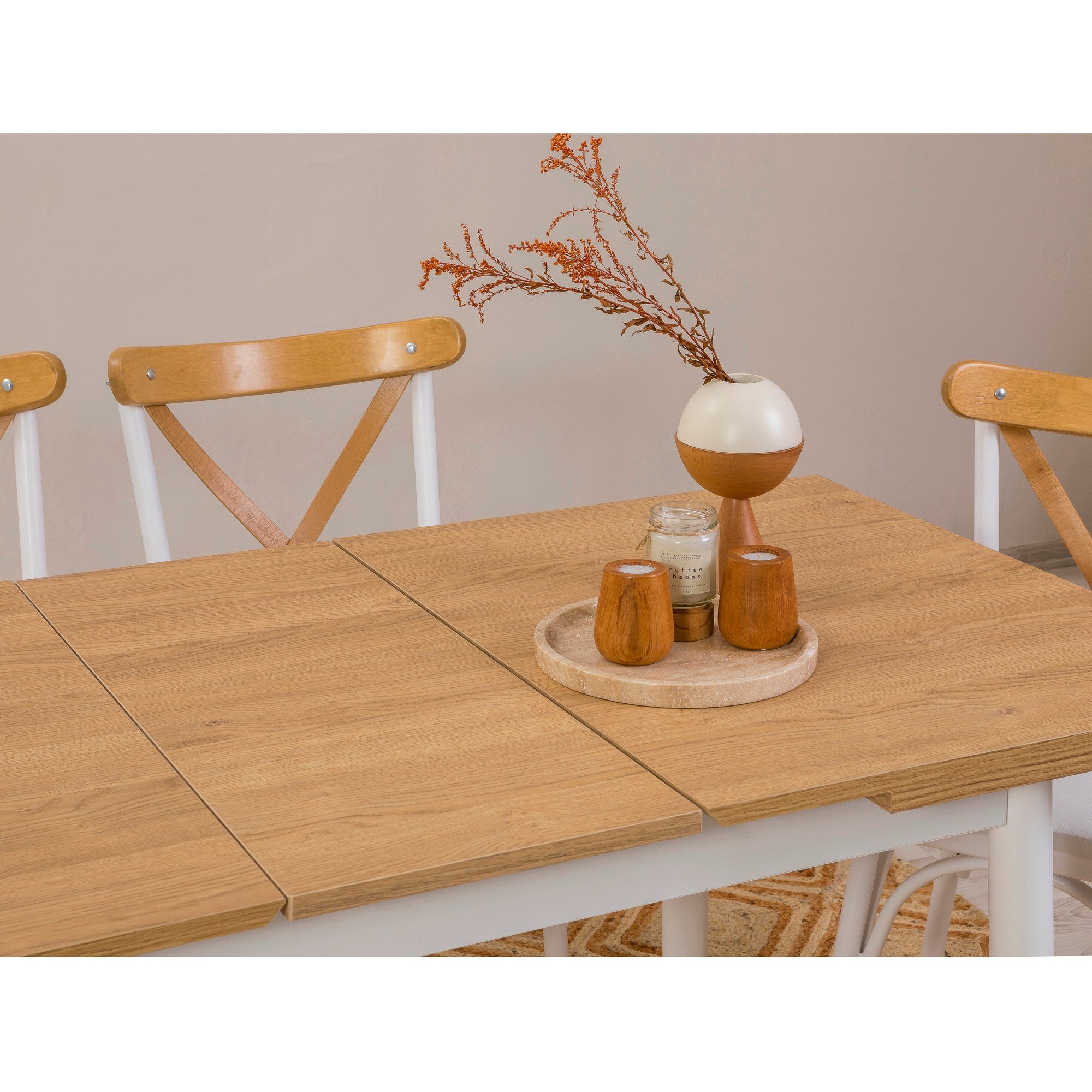 Conjunto de mesa de jantar extensível e cadeiras (5 peças), branco, 120-153 x 75 x 77 cm | Cadeiras 100% revestidas em melamina, couro sintético, pernas elegantes em madeira de faia
