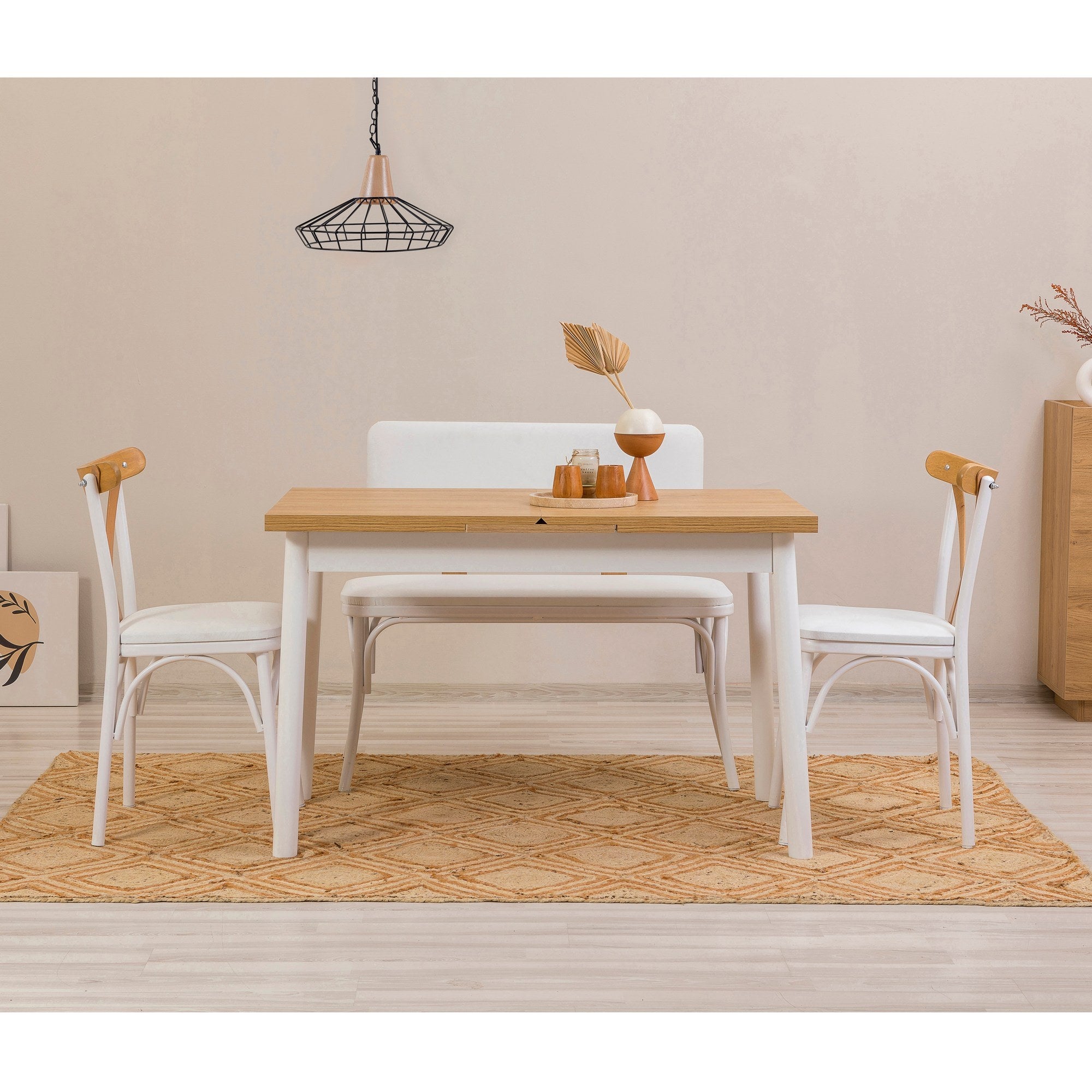 Conjunto de mesa de jantar extensível e cadeiras (4 peças), branco, 120-153 x 75 x 77 cm | 100% revestido em melamina, tecido couro sintético, pernas de madeira de faia | Elegante e funcional para espaços de jantar modernos