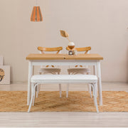 Conjunto de mesa de jantar extensível e cadeiras (4 peças), branco, 120-153 x 75 x 77 cm | Cadeiras 100% revestidas em melamina, couro sintético, pernas de madeira de faia | Elegante e funcional para refeições modernas