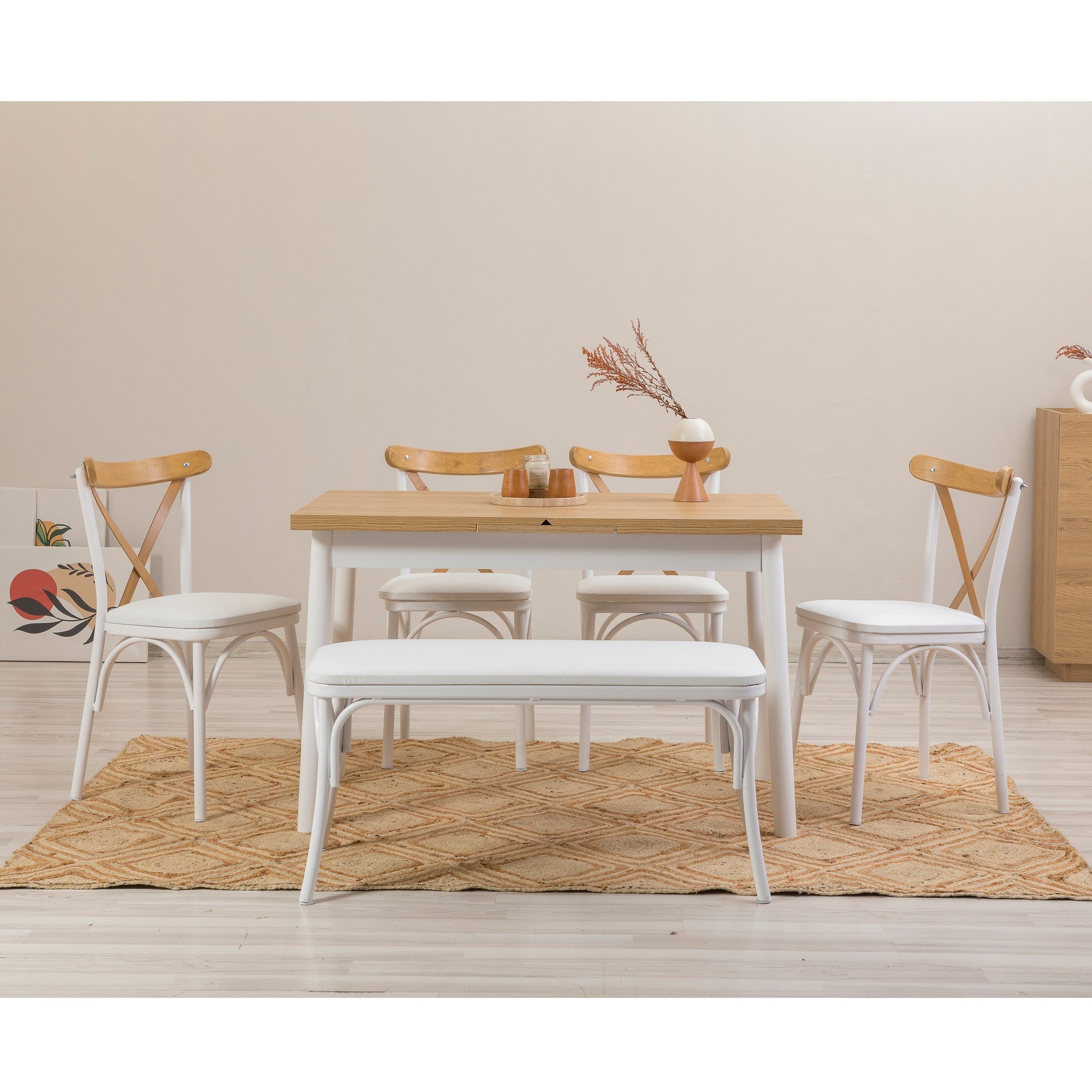 Conjunto de mesa de jantar extensível e cadeiras (6 peças), branco, 120-153 x 75 x 77 cm | Cadeiras 100% revestidas em melamina, couro sintético, pernas elegantes em madeira de faia
