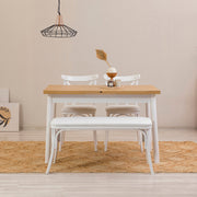 Conjunto de mesa de jantar extensível e cadeiras (4 peças), branco, 120-153 x 75 x 77 cm | Cadeiras 100% revestidas em melamina, couro sintético, pernas de madeira de faia | Elegante e funcional para refeições modernas