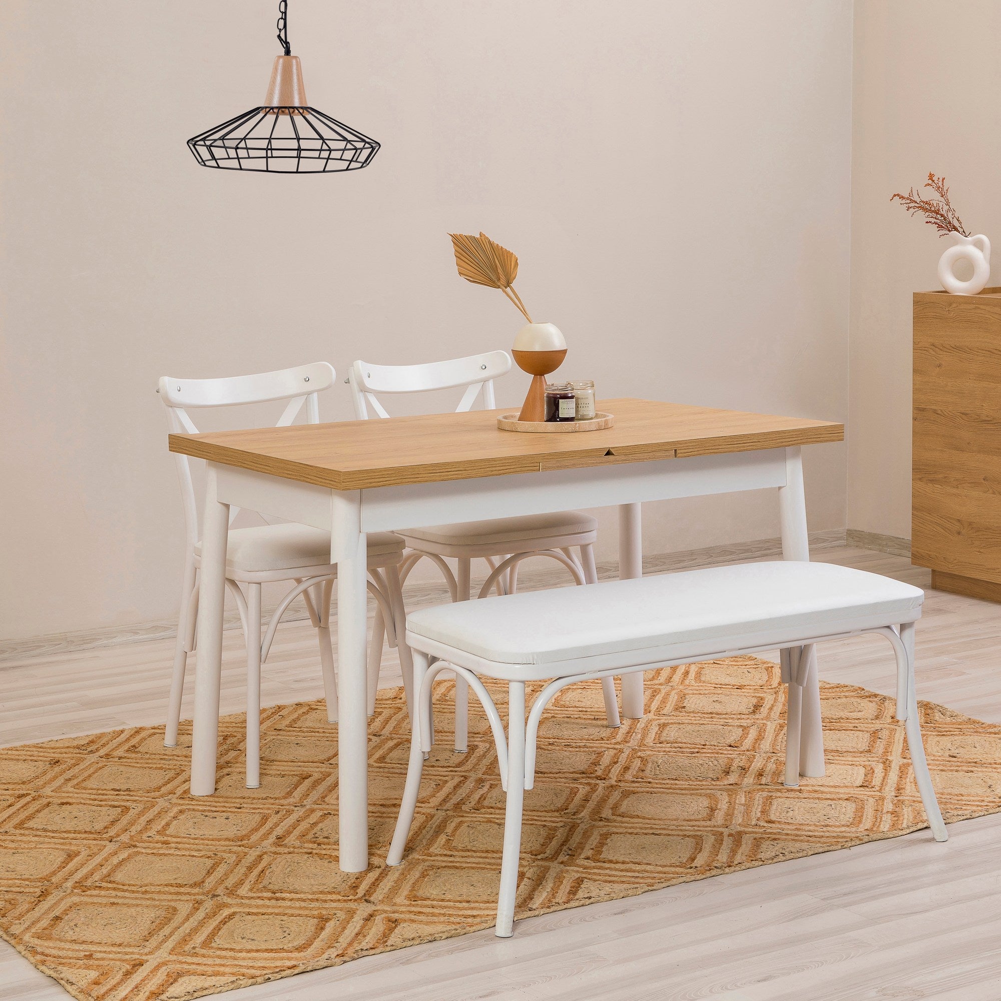 Conjunto de mesa de jantar extensível e cadeiras (4 peças), branco, 120-153 x 75 x 77 cm | Cadeiras 100% revestidas em melamina, couro sintético, pernas de madeira de faia | Elegante e funcional para refeições modernas