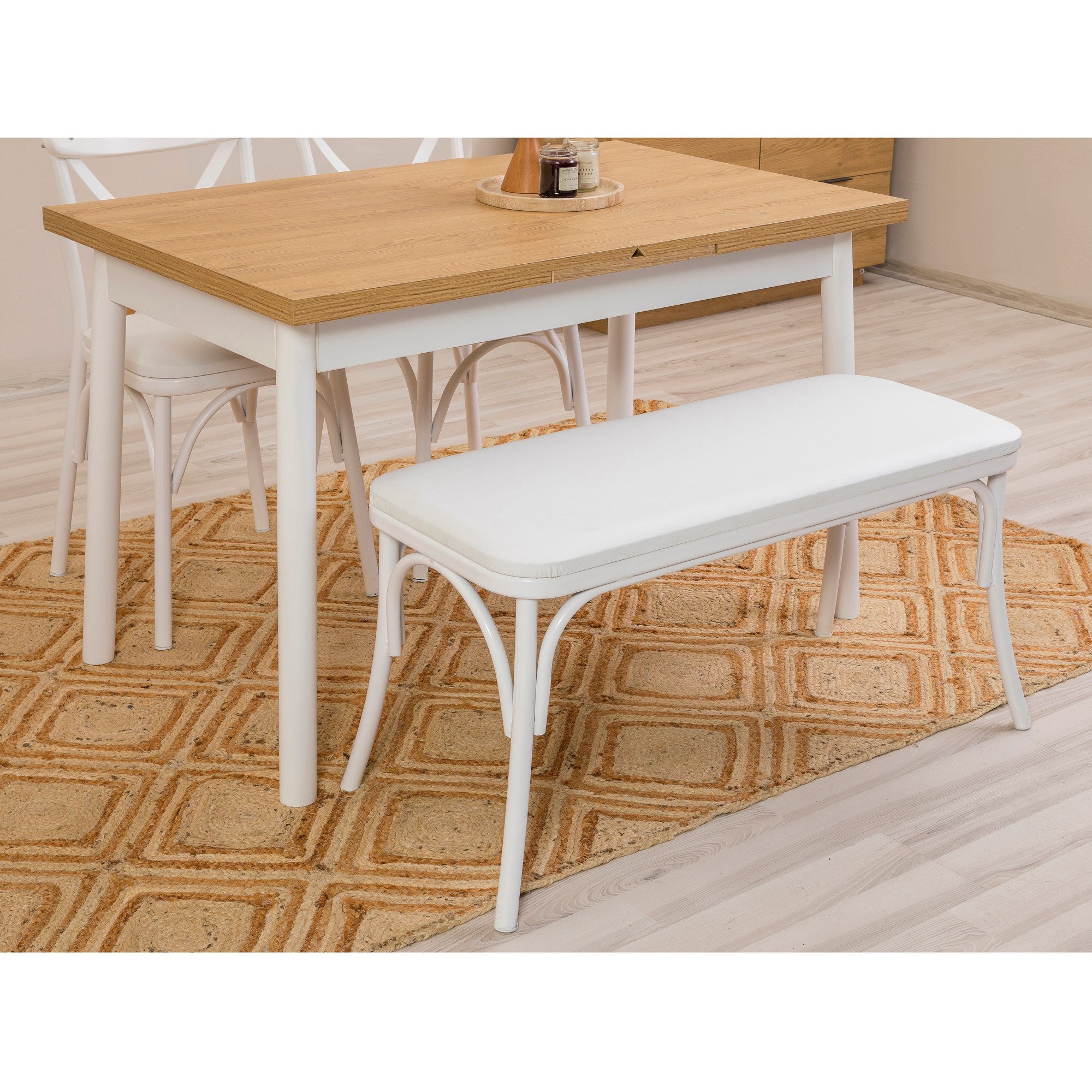 Conjunto de mesa de jantar extensível e cadeiras (4 peças), branco, 120-153 x 75 x 77 cm | Cadeiras 100% revestidas em melamina, couro sintético, pernas de madeira de faia | Elegante e funcional para refeições modernas