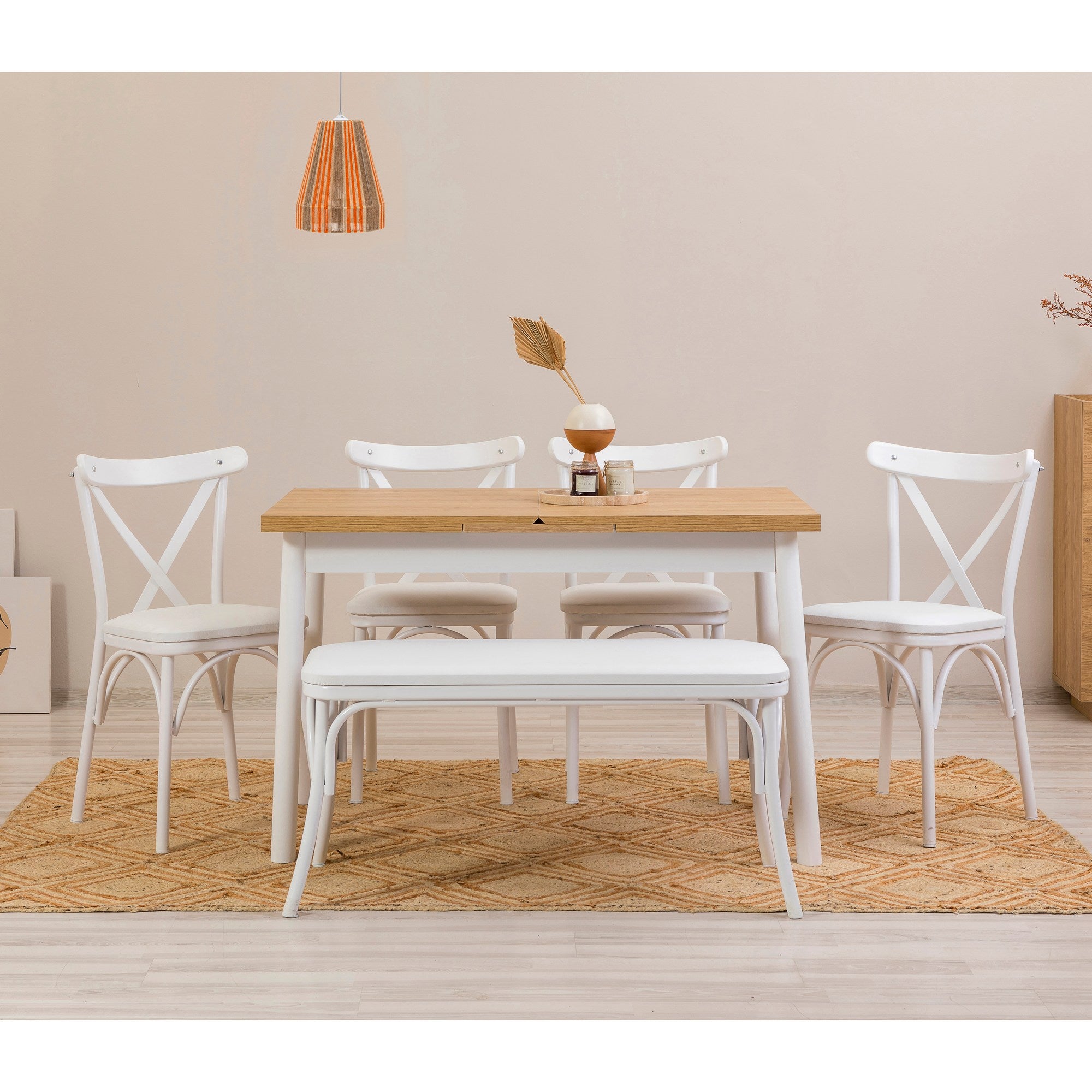 Conjunto de mesa de jantar extensível e cadeiras (6 peças), branco, 120-153 x 75 x 77 cm | Cadeiras 100% revestidas em melamina, couro sintético, pernas elegantes em madeira de faia