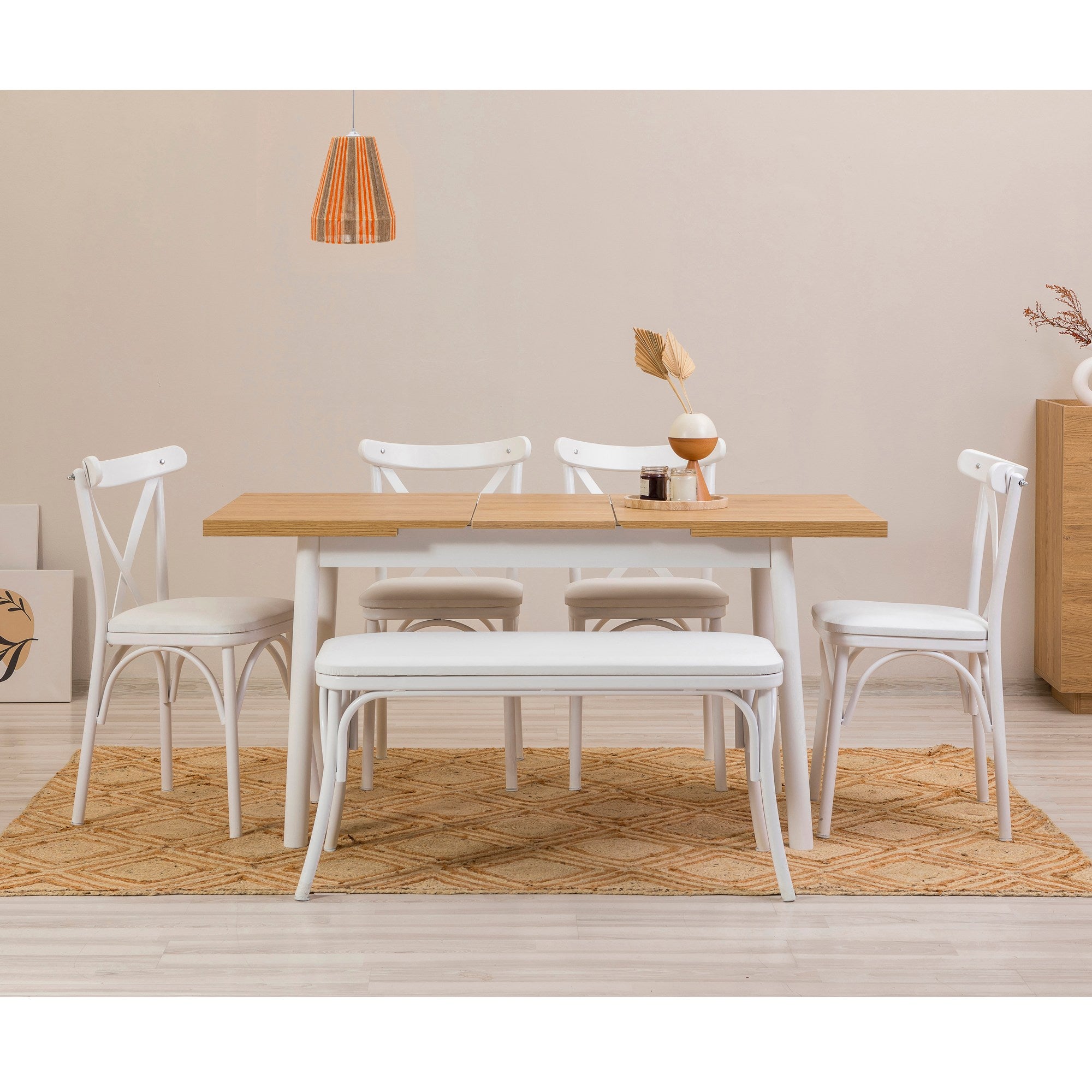 Conjunto de mesa de jantar extensível e cadeiras (6 peças), branco, 120-153 x 75 x 77 cm | Cadeiras 100% revestidas em melamina, couro sintético, pernas elegantes em madeira de faia