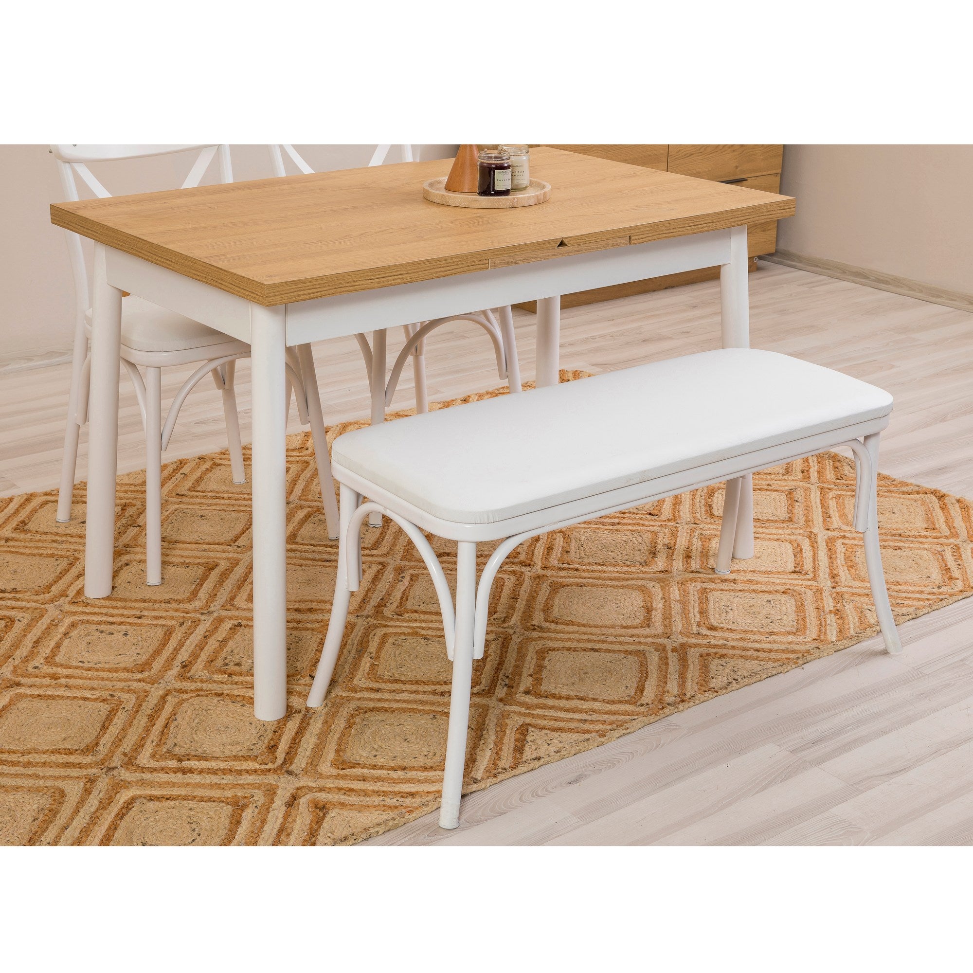 Conjunto de mesa de jantar extensível e cadeiras (6 peças), branco, 120-153 x 75 x 77 cm | Cadeiras 100% revestidas em melamina, couro sintético, pernas elegantes em madeira de faia