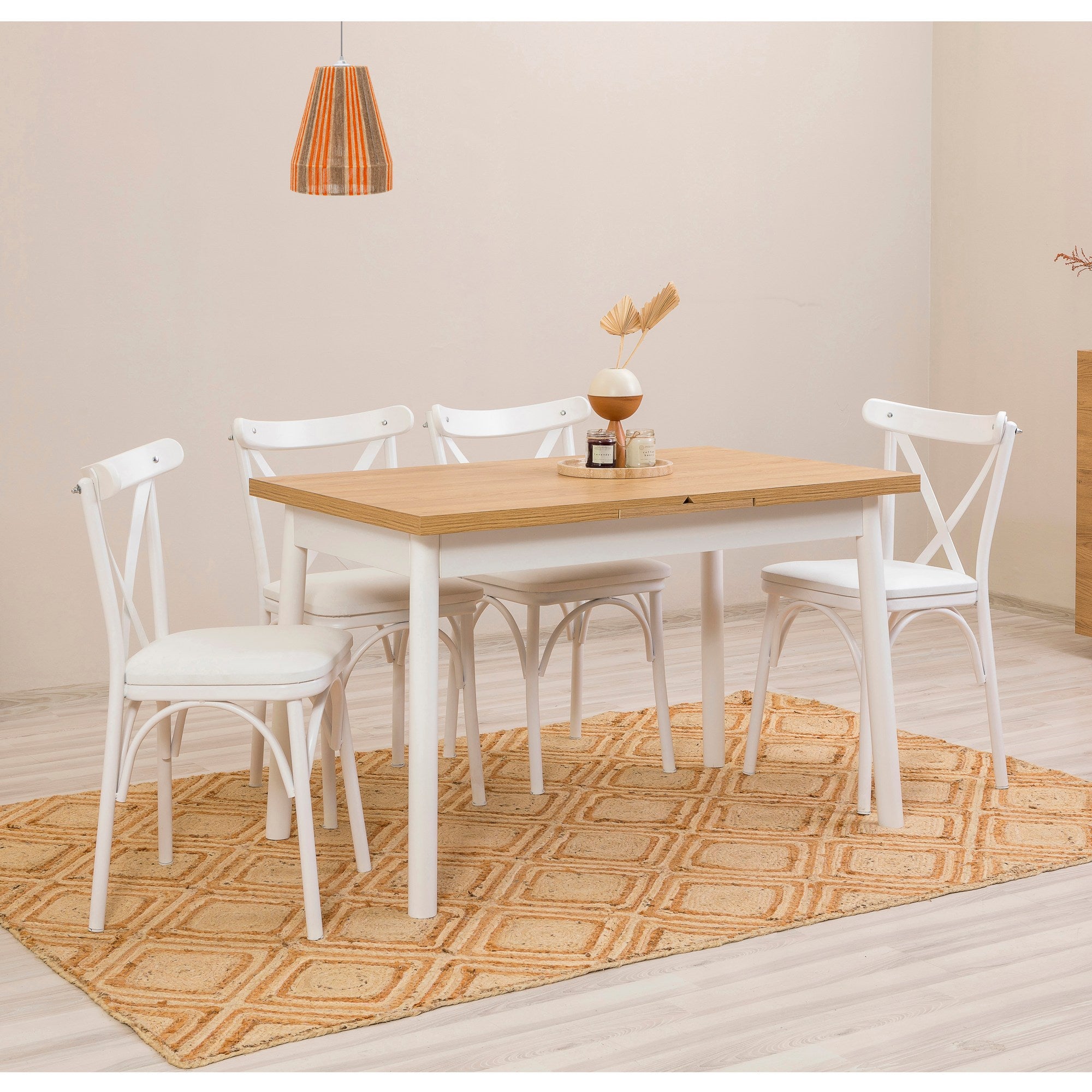 Conjunto de mesa de jantar extensível e cadeiras (5 peças), branco, 120-153 x 75 x 77 cm | Cadeiras 100% revestidas em melamina, couro sintético, pernas elegantes em madeira de faia
