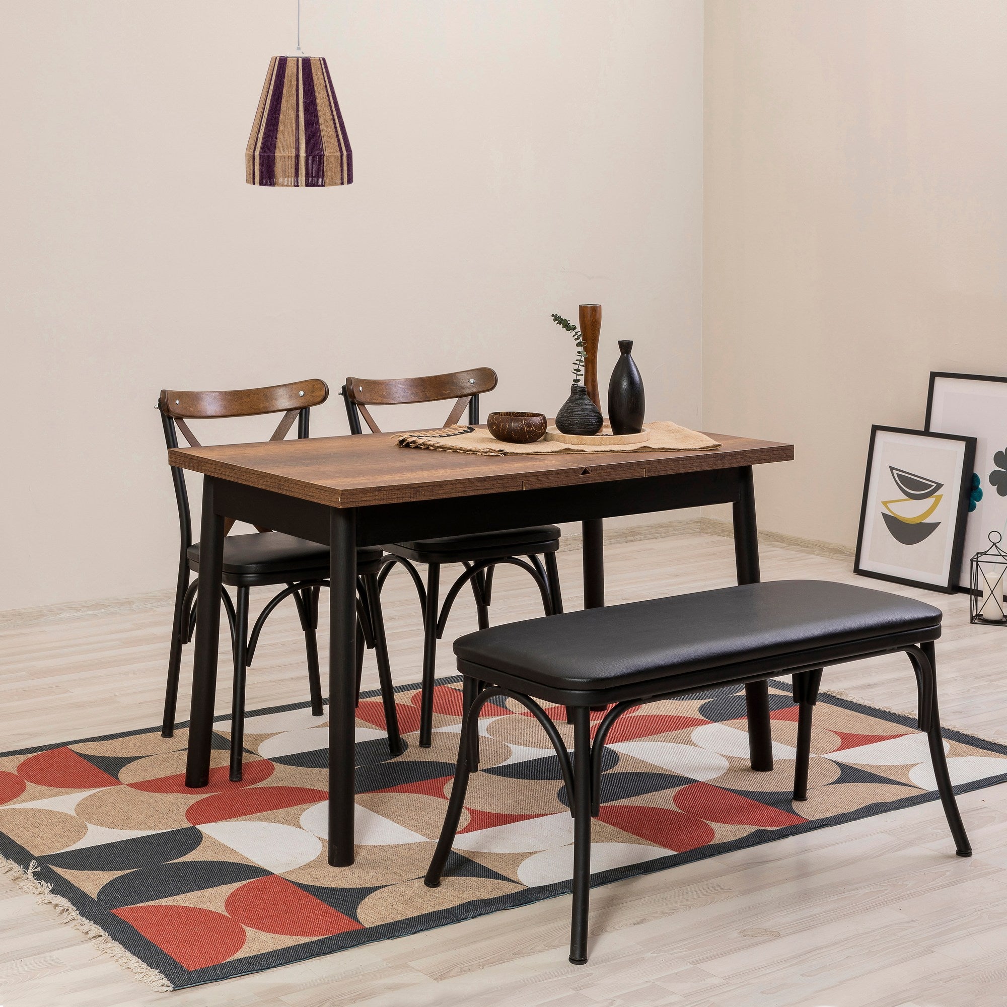 Conjunto de mesa de jantar extensível e cadeiras (4 peças), preto, 120-155 x 75 x 77 cm | 100% revestido em melamina, tecido couro sintético, pernas de madeira de faia | Elegante e funcional para refeições modernas