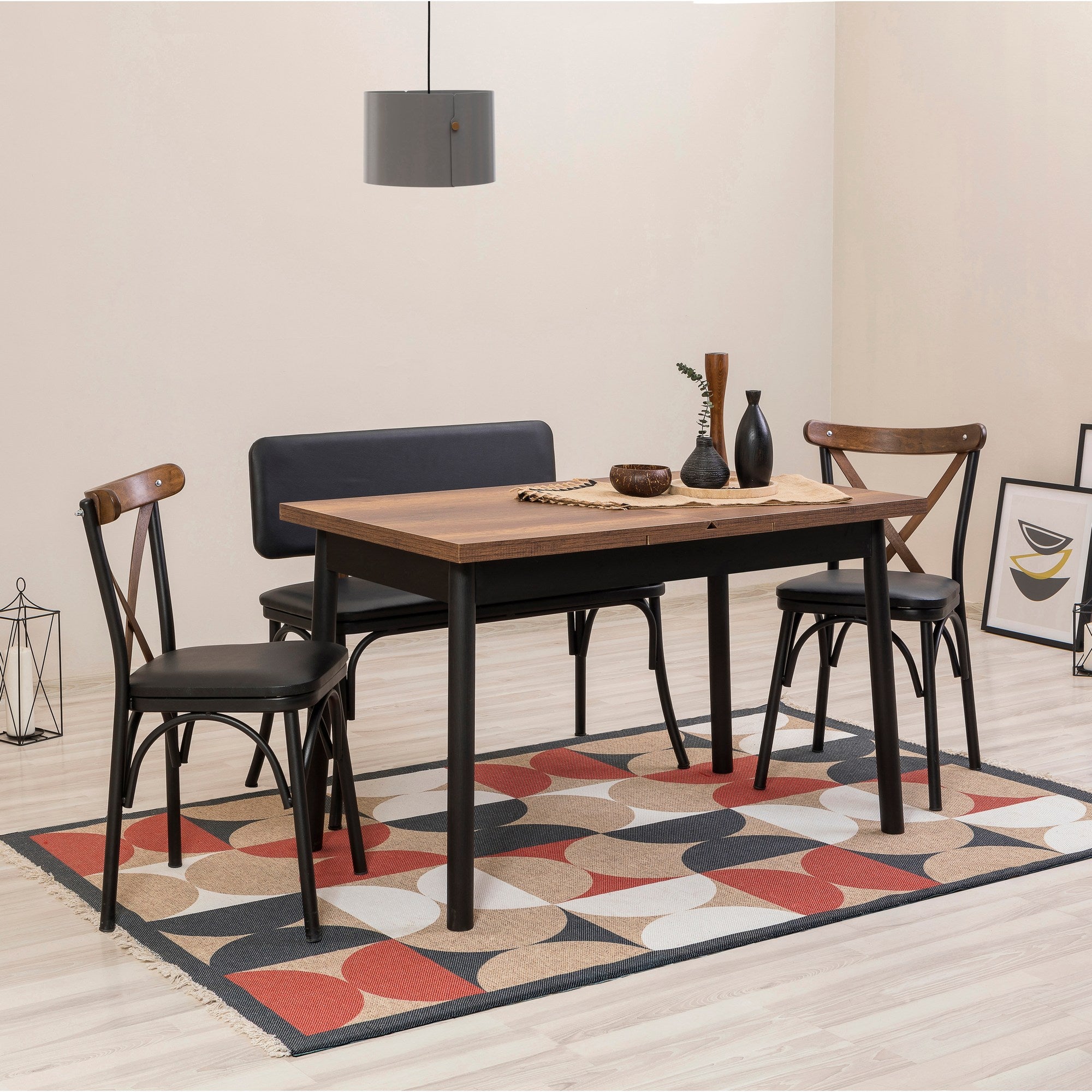 Conjunto de mesa de jantar extensível e cadeiras (4 peças), preto, 120-153 x 75 x 77 cm | 100% revestido em melamina, tecido couro sintético, pernas de madeira de faia | Elegante e funcional para refeições modernas