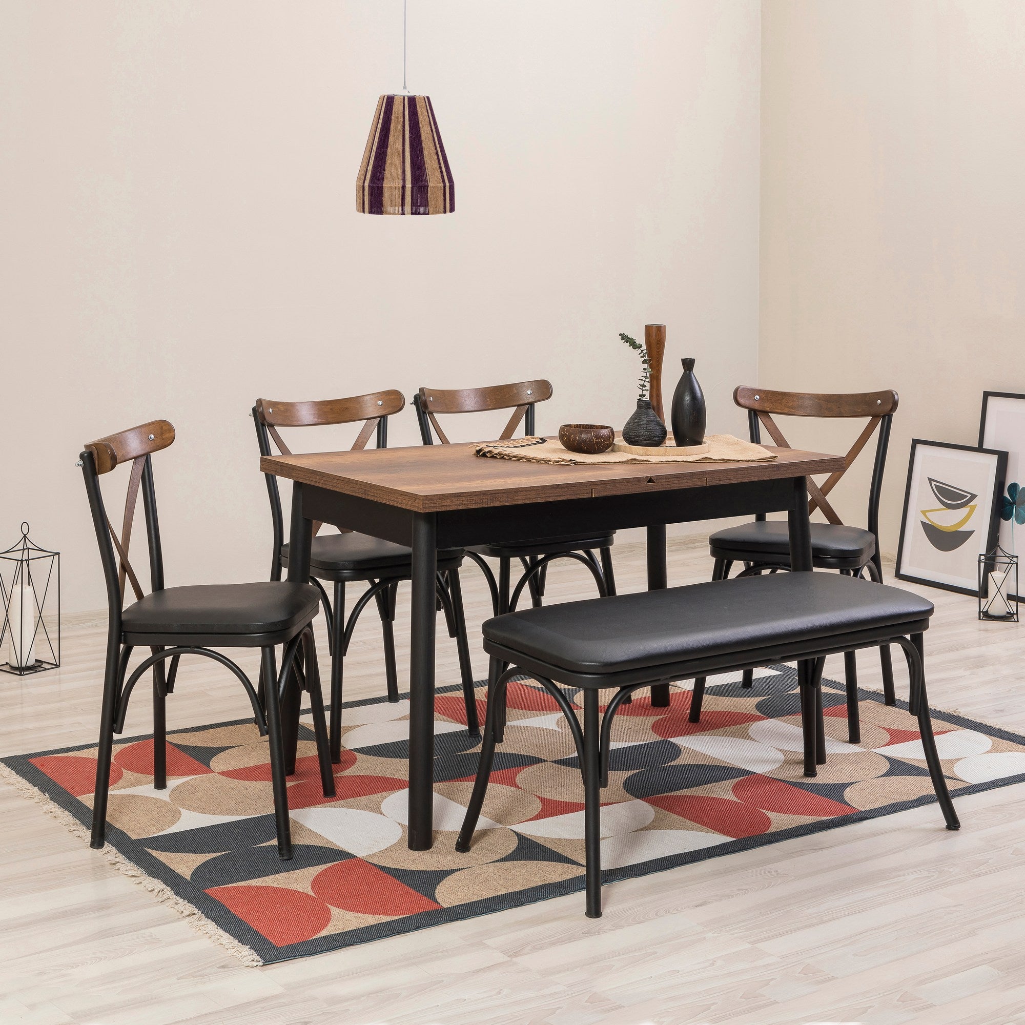 Conjunto de mesa de jantar extensível e cadeiras (6 peças), preto, 120-153 x 75 x 77 cm | 100% revestido em melamina, tecido couro sintético, pernas de madeira de faia | Elegante e funcional para refeições modernas