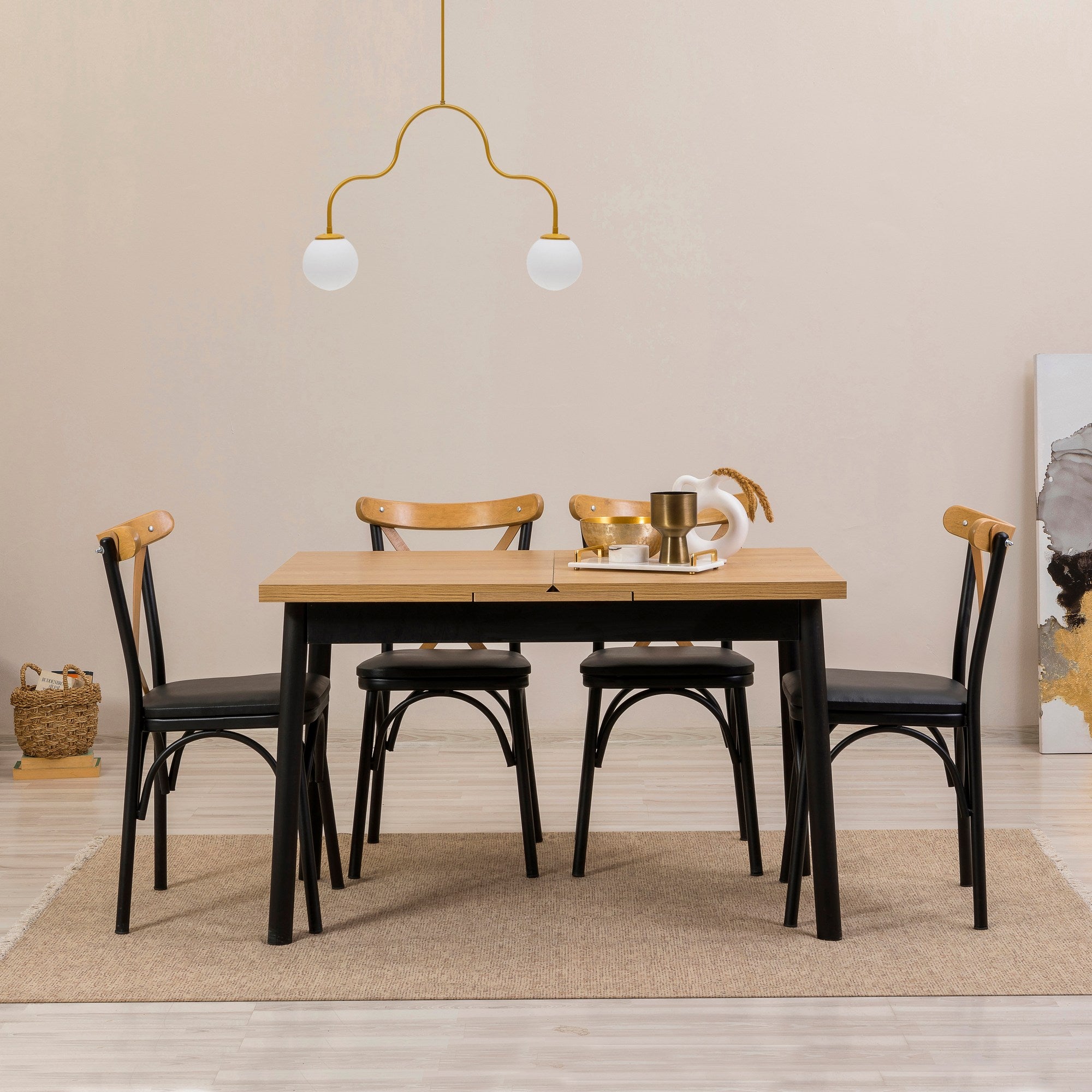 Conjunto de mesa de jantar extensível e cadeiras (5 peças), preto, 120-153 x 75 x 77 cm | 100% revestido em melamina, tecido couro sintético, pernas de madeira de faia | Elegante e funcional para espaços de jantar modernos