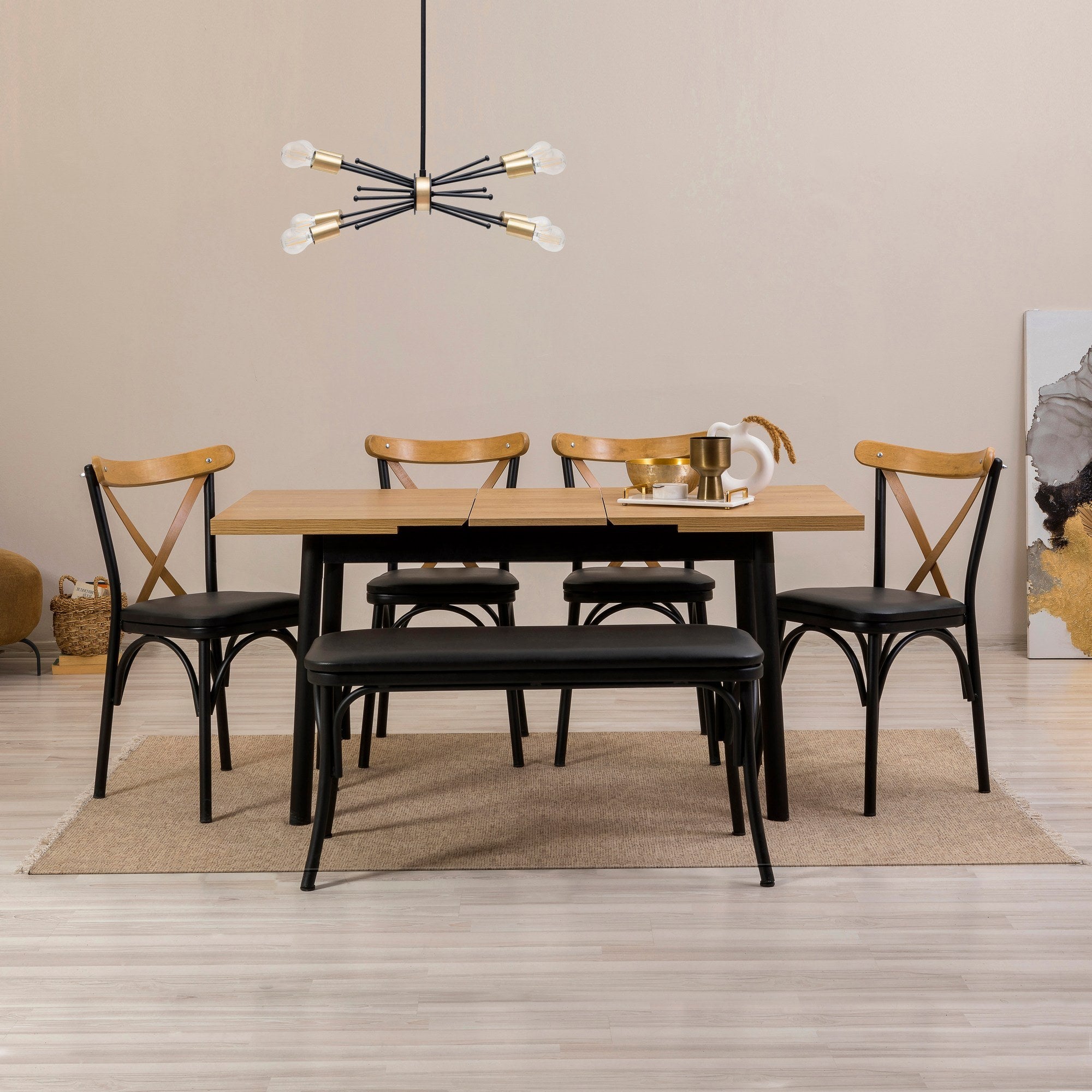Conjunto de mesa de jantar extensível e cadeiras (6 peças), preto, 120-153 x 75 x 77 cm | 100% revestido em melamina, tecido couro sintético, pernas de madeira de faia | Elegante e funcional para refeições modernas