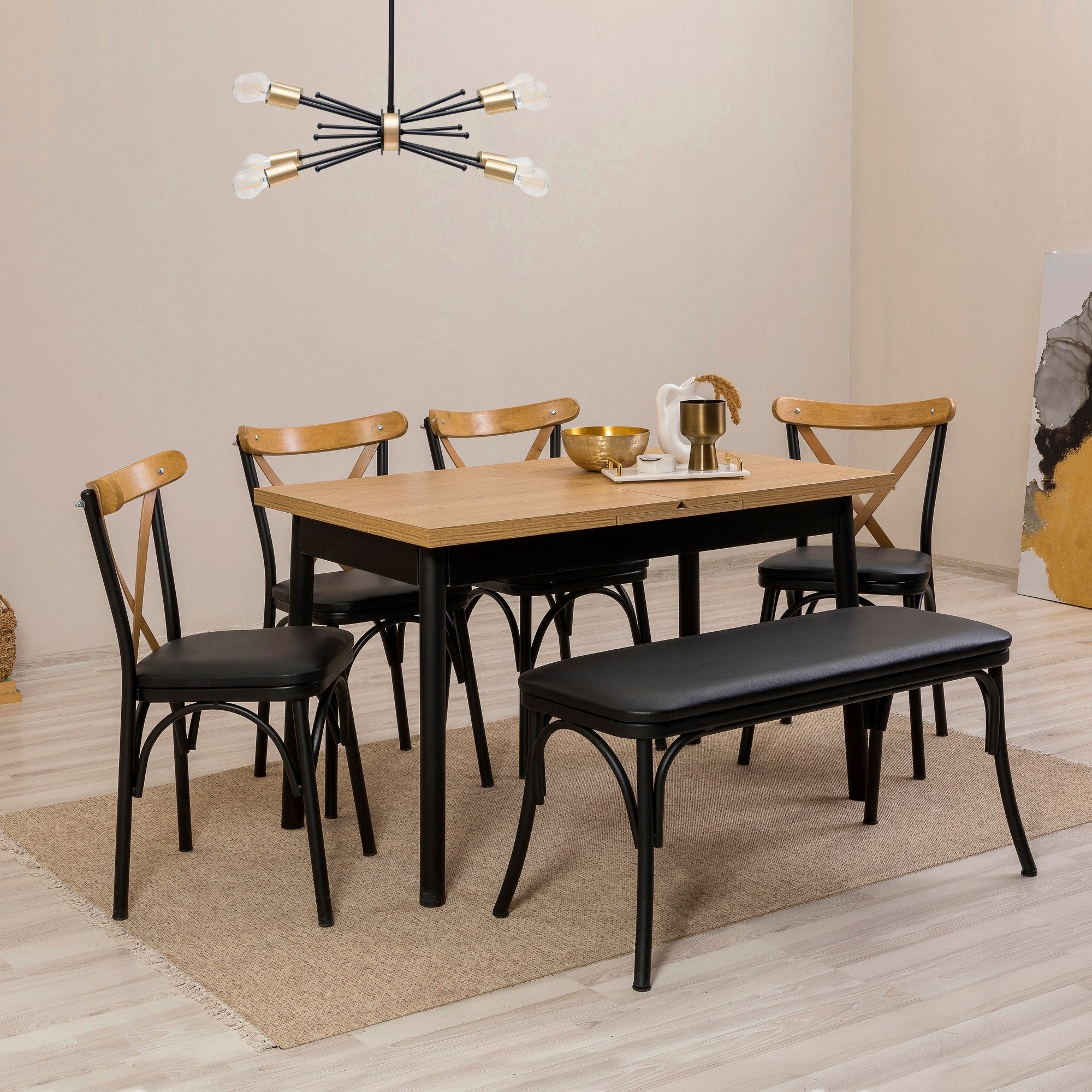 Conjunto de mesa de jantar extensível e cadeiras (6 peças), preto, 120-153 x 75 x 77 cm | 100% revestido em melamina, tecido couro sintético, pernas de madeira de faia | Elegante e funcional para refeições modernas