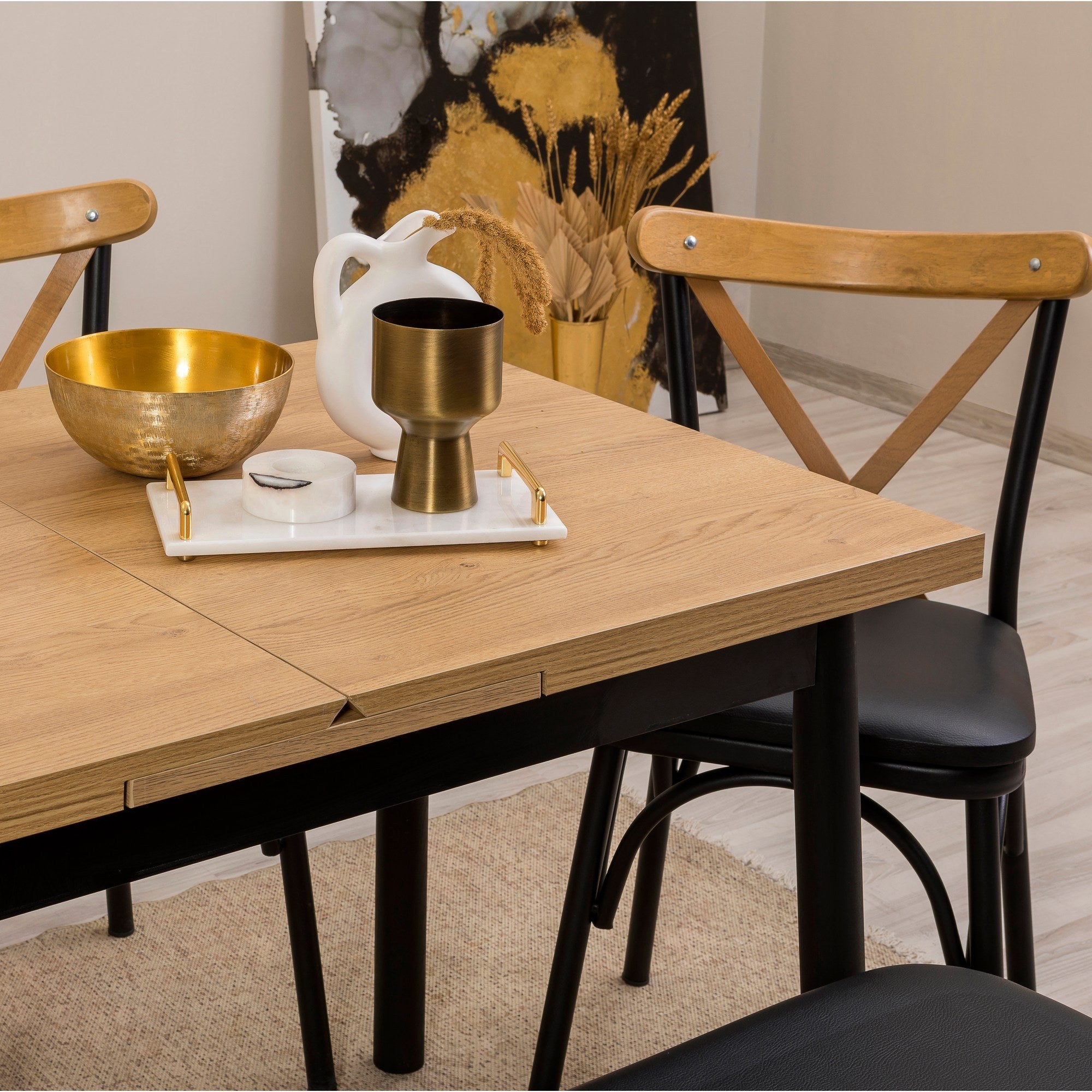 Conjunto de mesa de jantar extensível e cadeiras (6 peças), preto, 120-153 x 75 x 77 cm | 100% revestido em melamina, tecido couro sintético, pernas de madeira de faia | Elegante e funcional para refeições modernas