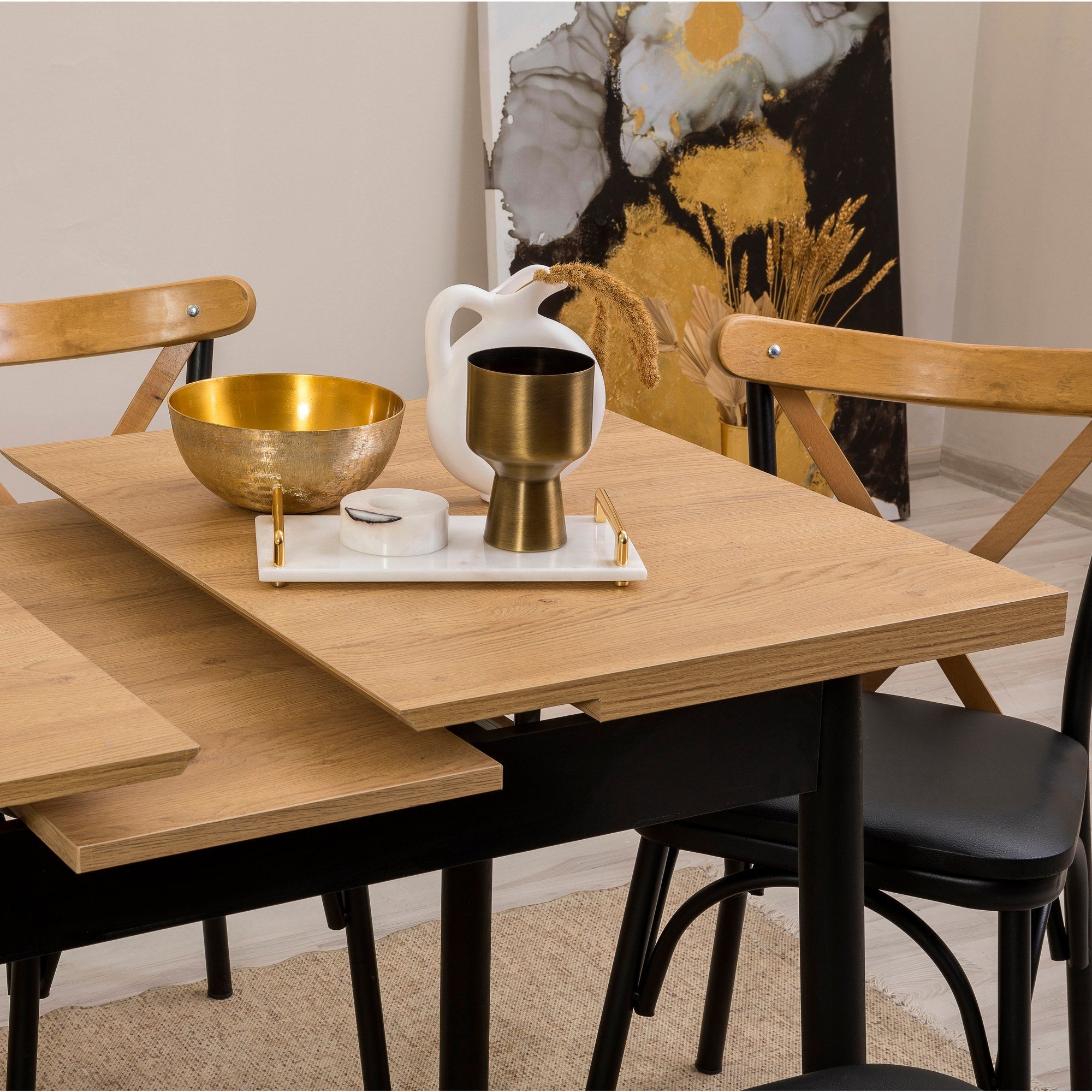 Conjunto de mesa de jantar extensível e cadeiras (6 peças), preto, 120-153 x 75 x 77 cm | 100% revestido em melamina, tecido couro sintético, pernas de madeira de faia | Elegante e funcional para refeições modernas