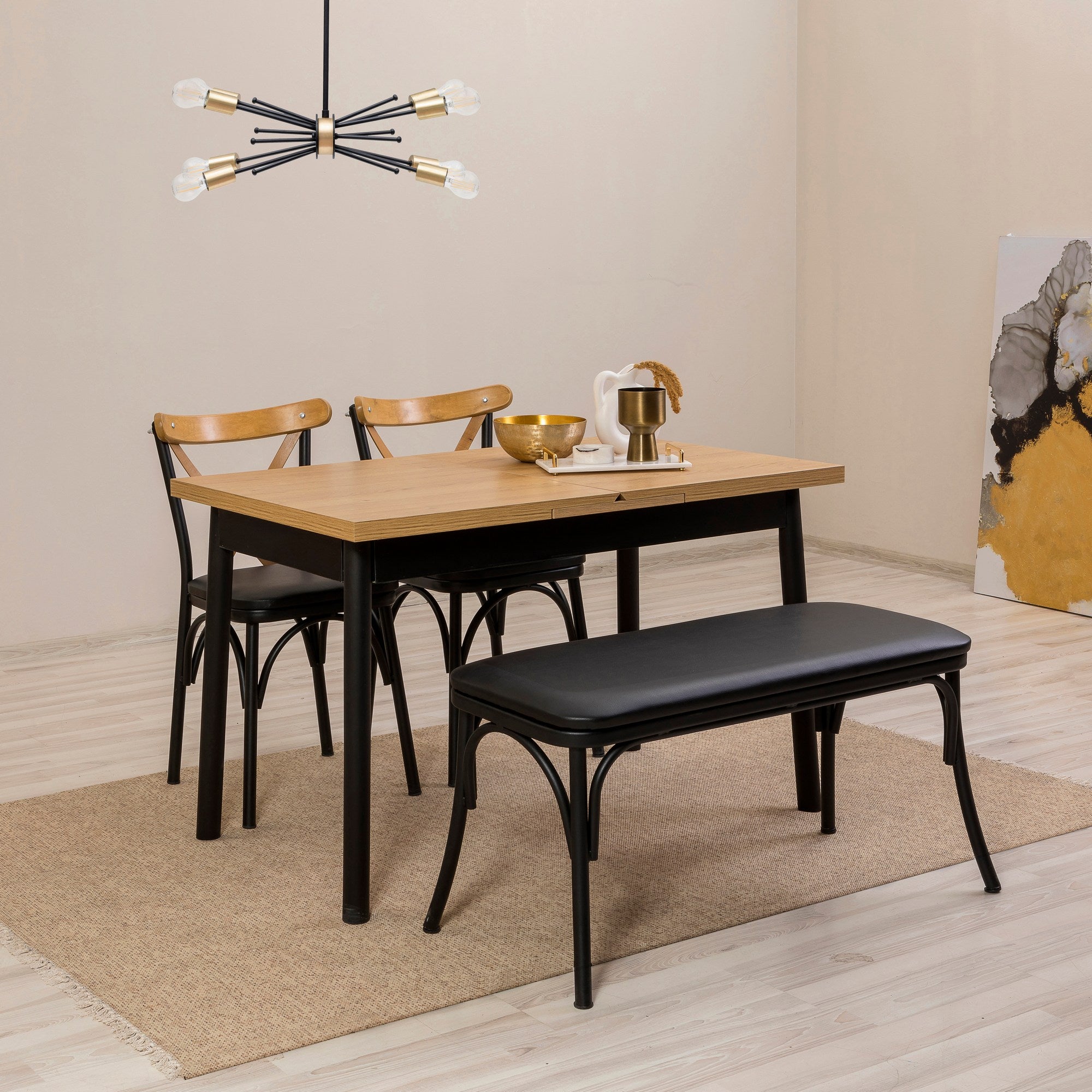 Conjunto de mesa de jantar extensível e cadeiras (4 peças), preto, 120-155 x 75 x 77 cm | 100% revestido em melamina, tecido couro sintético, pernas de madeira de faia | Elegante e funcional para refeições modernas