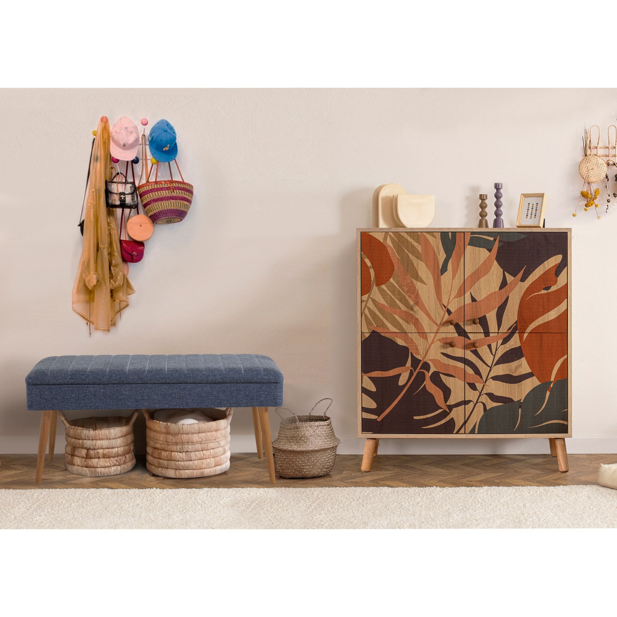 Conjunto de móveis para corredor – 95 cm x 111 cm x 36 cm (sapateira); 105 cm x 49 cm x 40 cm (banco) – Sonomo e azul escuro – Aglomerado revestido em melamina