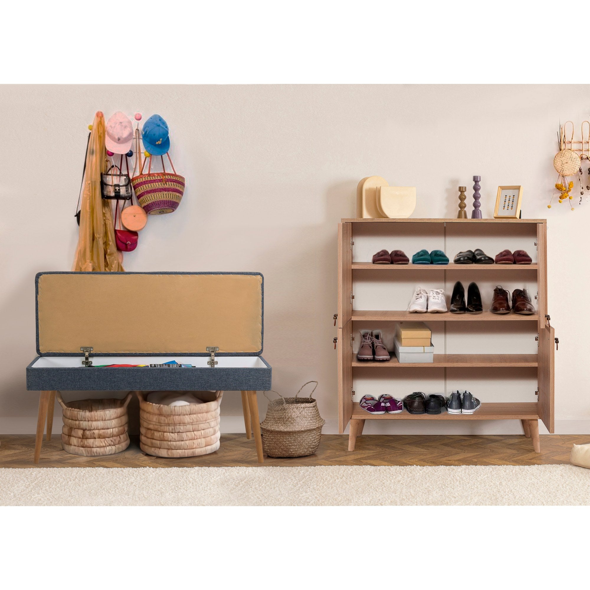 Conjunto de móveis para corredor – 95 cm x 111 cm x 36 cm (sapateira); 105 cm x 49 cm x 40 cm (banco) – Sonomo e azul escuro – Aglomerado revestido em melamina