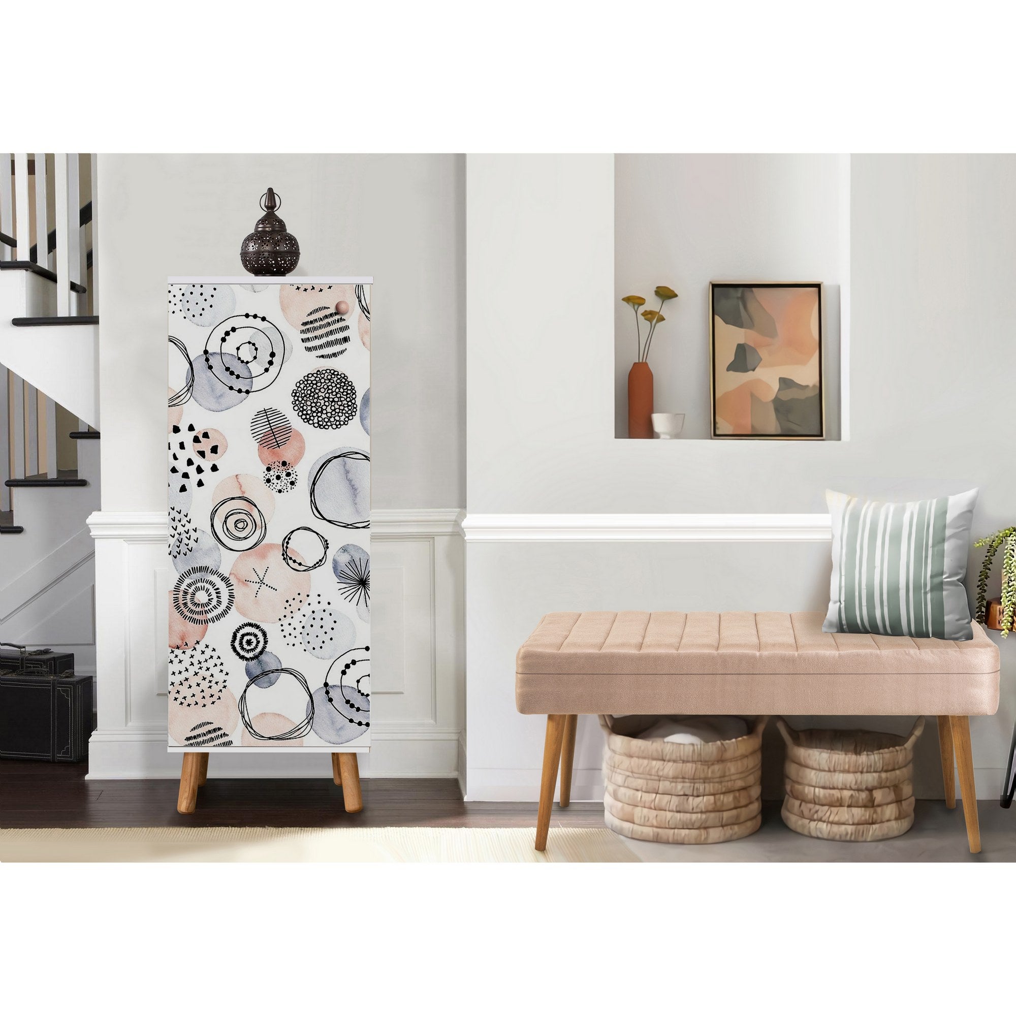 Conjunto de móveis para corredor – 50x135x38 cm (sapateira), 105x50x40 cm (banco) – Branco e Pedra – Painéis de partículas revestidos a melamina e pernas de madeira