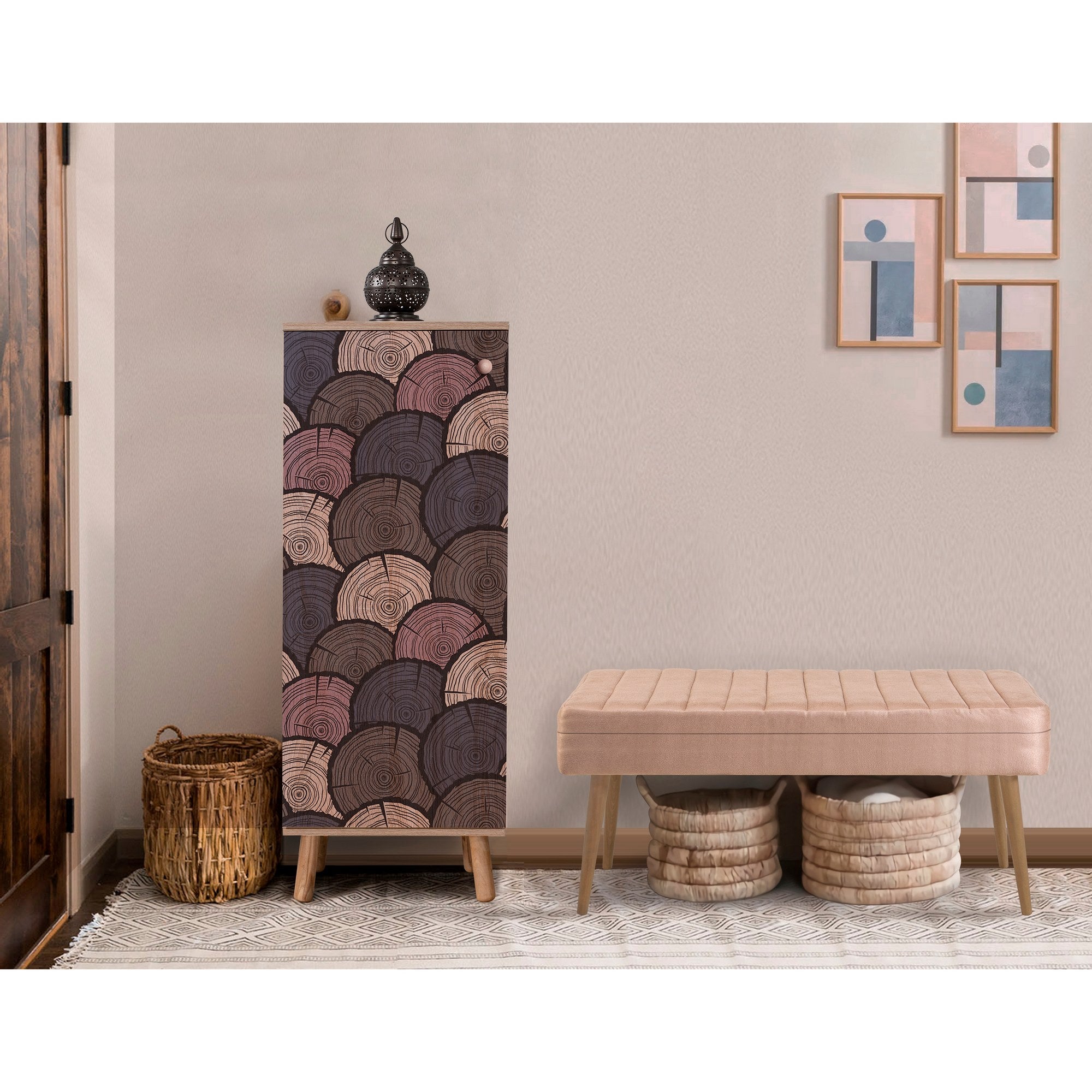 Conjunto de móveis para corredor – 50x135x38 cm (sapateira), 105x50x40 cm (banco) – Sonomo e pedra – Aglomerado e veludo