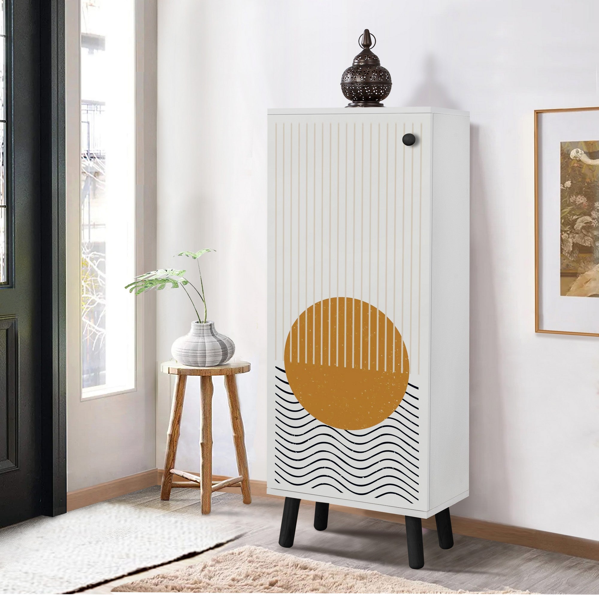 Sapateira – 50 x 135 x 38 cm – Branco e Preto – Aglomerado revestido a melamina e madeira maciça