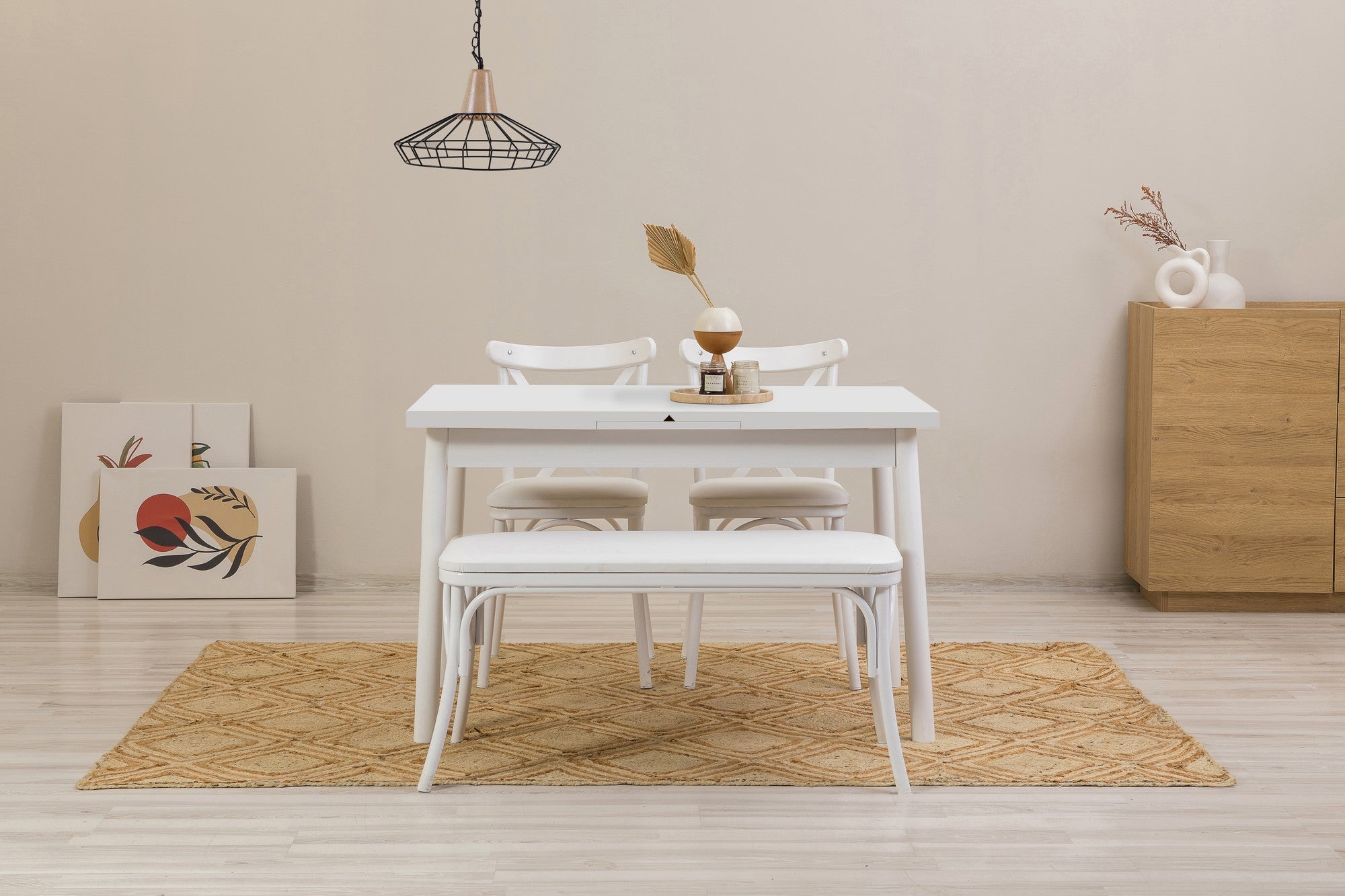 Conjunto de mesa de jantar extensível e cadeiras (4 peças), branco, 120-155 cm | Aglomerado 100% revestido em melamina, pernas de madeira de faia | Elegante e funcional para refeições modernas