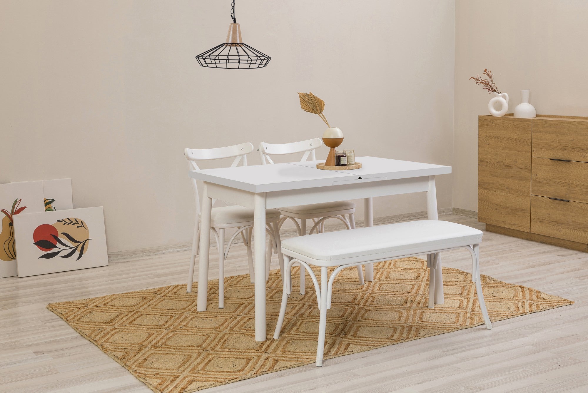 Conjunto de mesa de jantar extensível e cadeiras (4 peças), branco, 120-155 cm | Aglomerado 100% revestido em melamina, pernas de madeira de faia | Elegante e funcional para refeições modernas