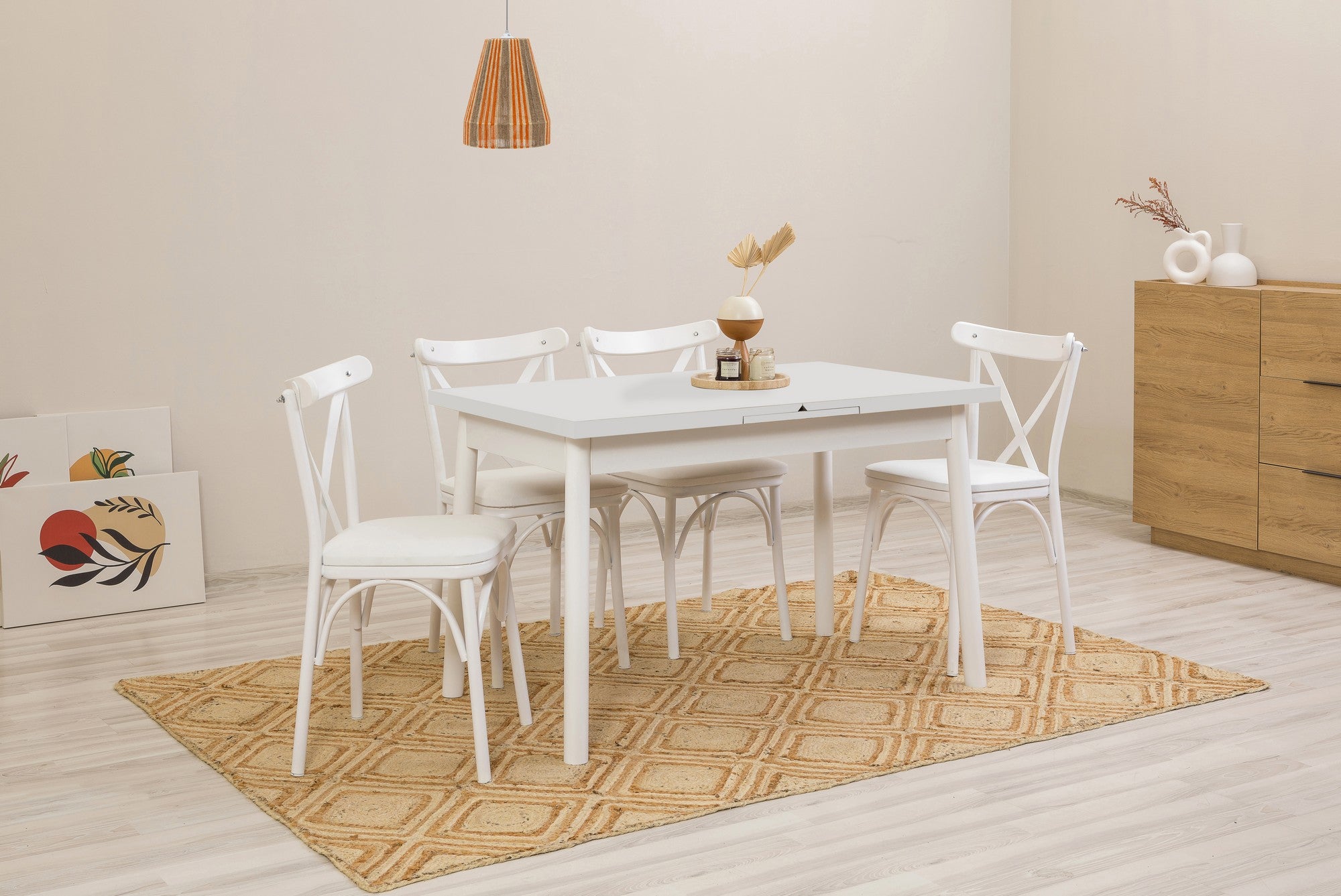 Conjunto de mesa de jantar extensível e cadeiras (5 peças), branco, 120-155 cm | Aglomerado 100% revestido em melamina, pernas de madeira de faia | Elegante e funcional para espaços de jantar modernos