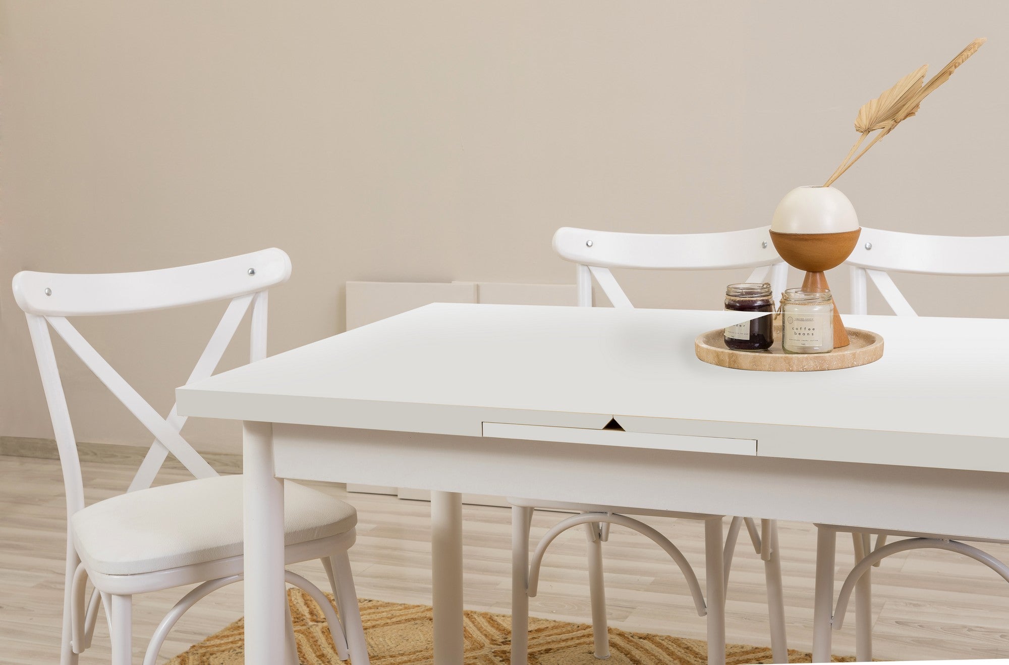 Conjunto de mesa de jantar extensível e cadeiras (5 peças), branco, 120-155 cm | Aglomerado 100% revestido em melamina, pernas de madeira de faia | Elegante e funcional para espaços de jantar modernos