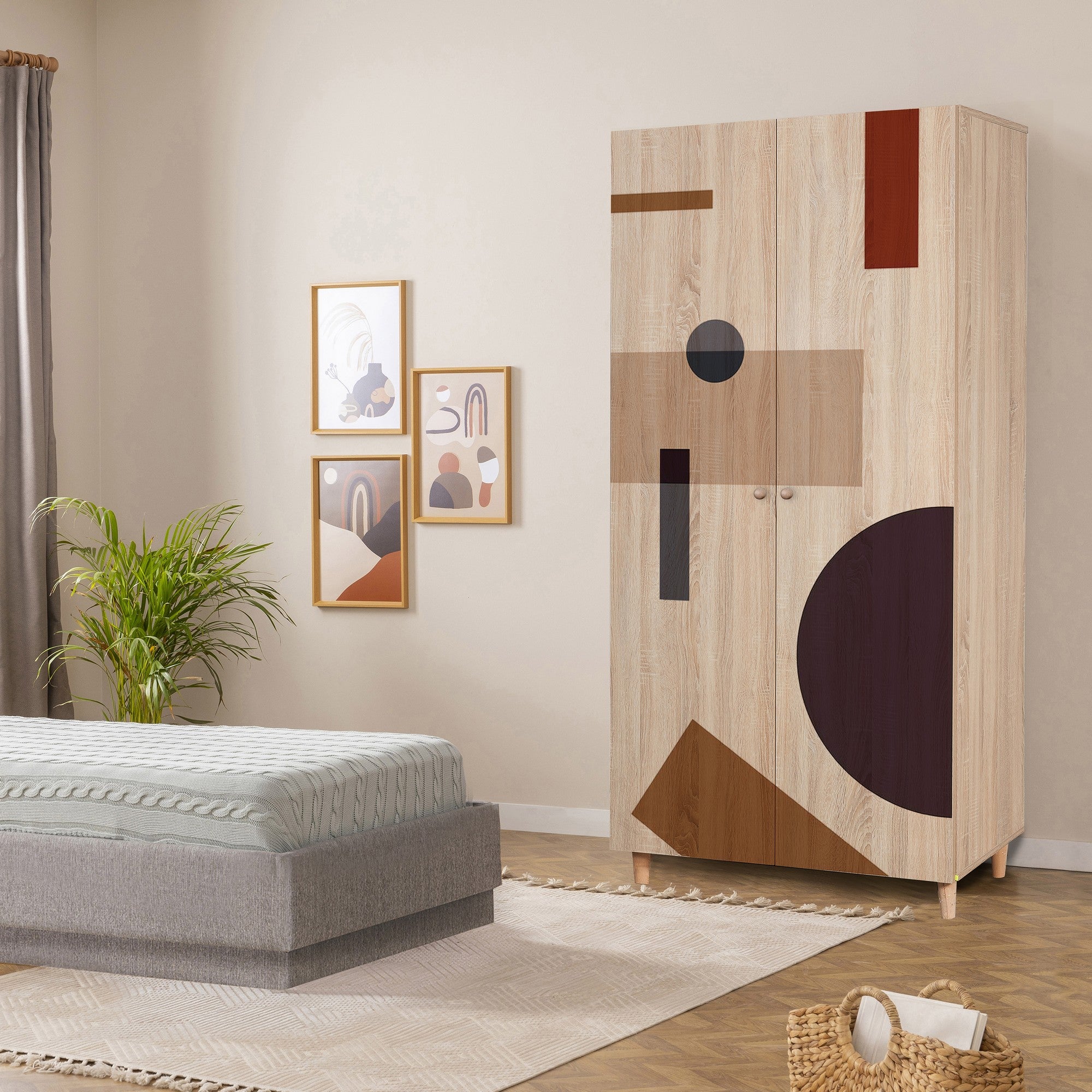 Guarda-roupa elegante com pernas de madeira de carpa – 90x192x52 cm – cor Sonomo – aglomerado revestido a melamina