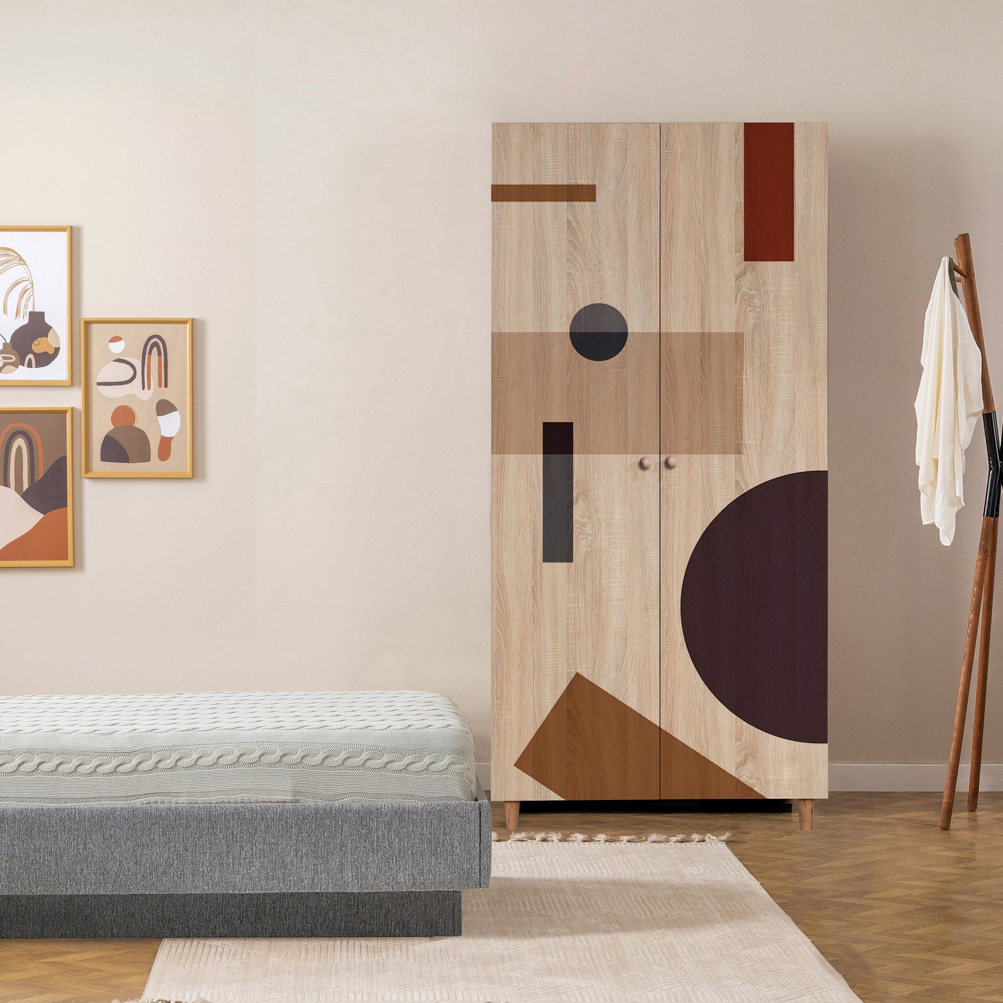 Guarda-roupa elegante com pernas de madeira de carpa – 90x192x52 cm – cor Sonomo – aglomerado revestido a melamina