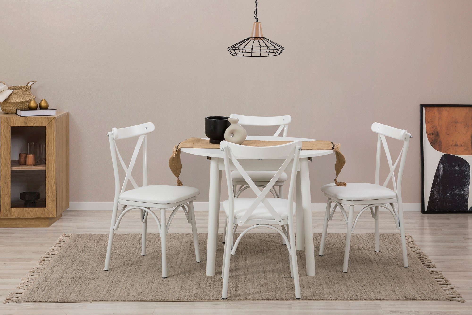 Conjunto de mesa de jantar extensível e cadeiras (5 peças), branco, 100-139 cm | Painel de partículas 100% revestido em melamina, pernas de madeira de faia | Elegante e funcional para refeições modernas