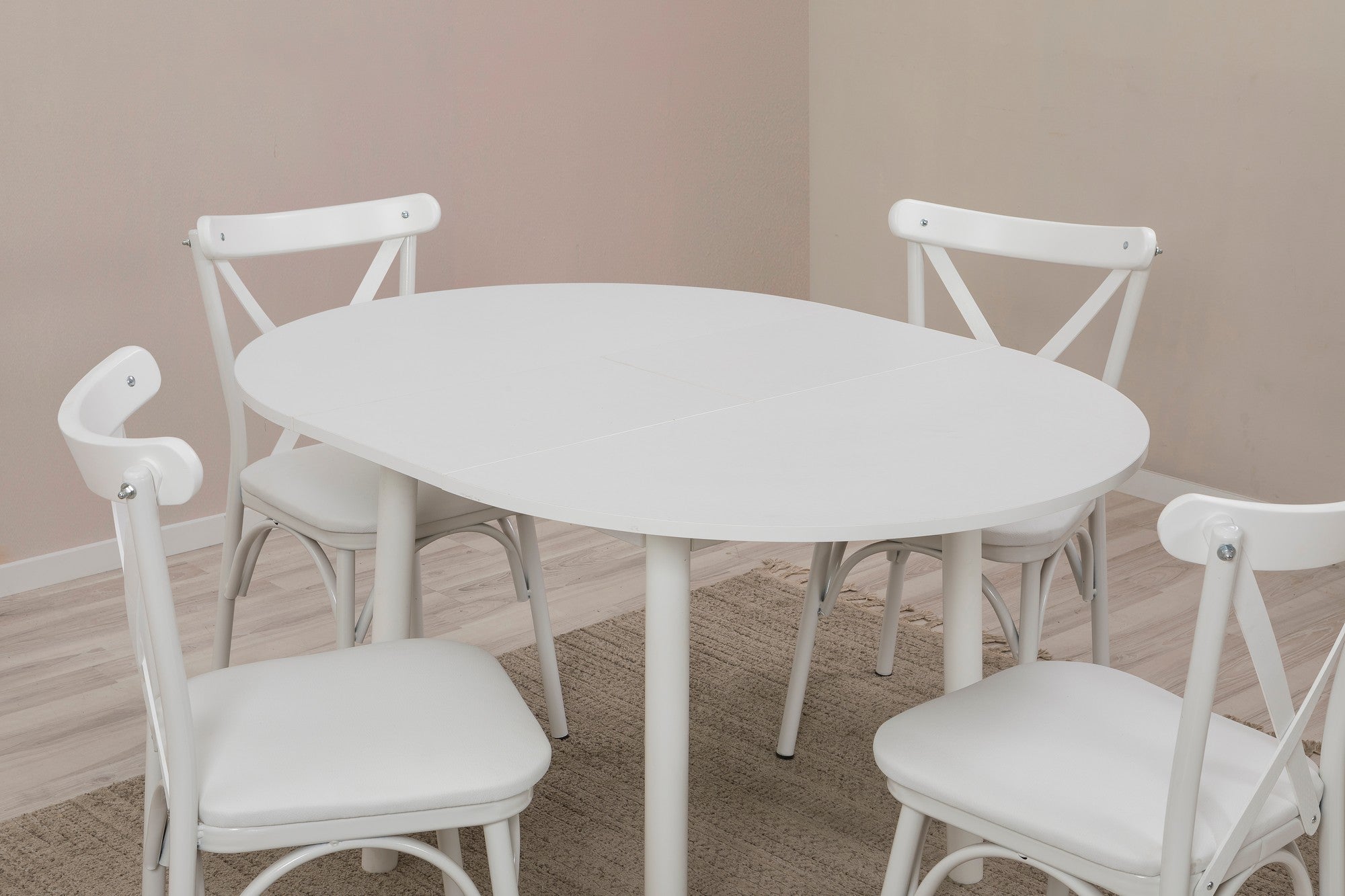 Conjunto de mesa de jantar extensível e cadeiras (5 peças), branco, 100-139 cm | Painel de partículas 100% revestido em melamina, pernas de madeira de faia | Elegante e funcional para refeições modernas