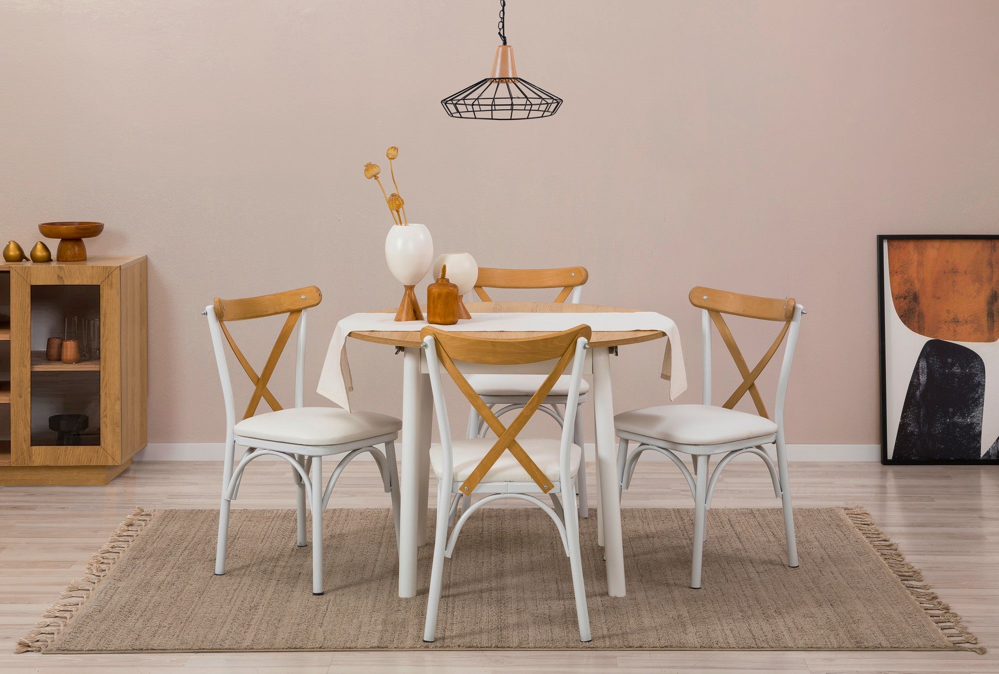 Conjunto de mesa de jantar extensível e cadeiras (5 peças), carvalho e branco, 100 x 100 cm (aberto: 139 cm) | 100% revestido em melamina, pernas de madeira de faia | Elegante e funcional para casas modernas