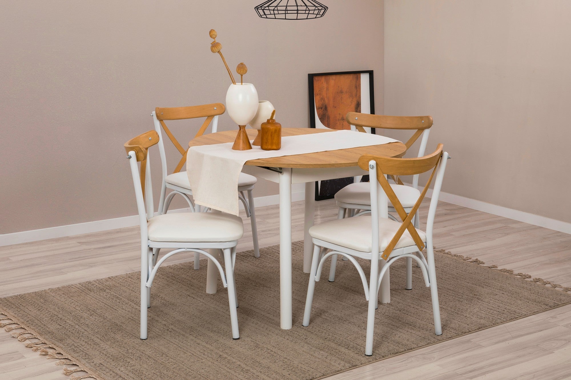 Conjunto de mesa de jantar extensível e cadeiras (5 peças), carvalho e branco, 100 x 100 cm (aberto: 139 cm) | 100% revestido em melamina, pernas de madeira de faia | Elegante e funcional para casas modernas