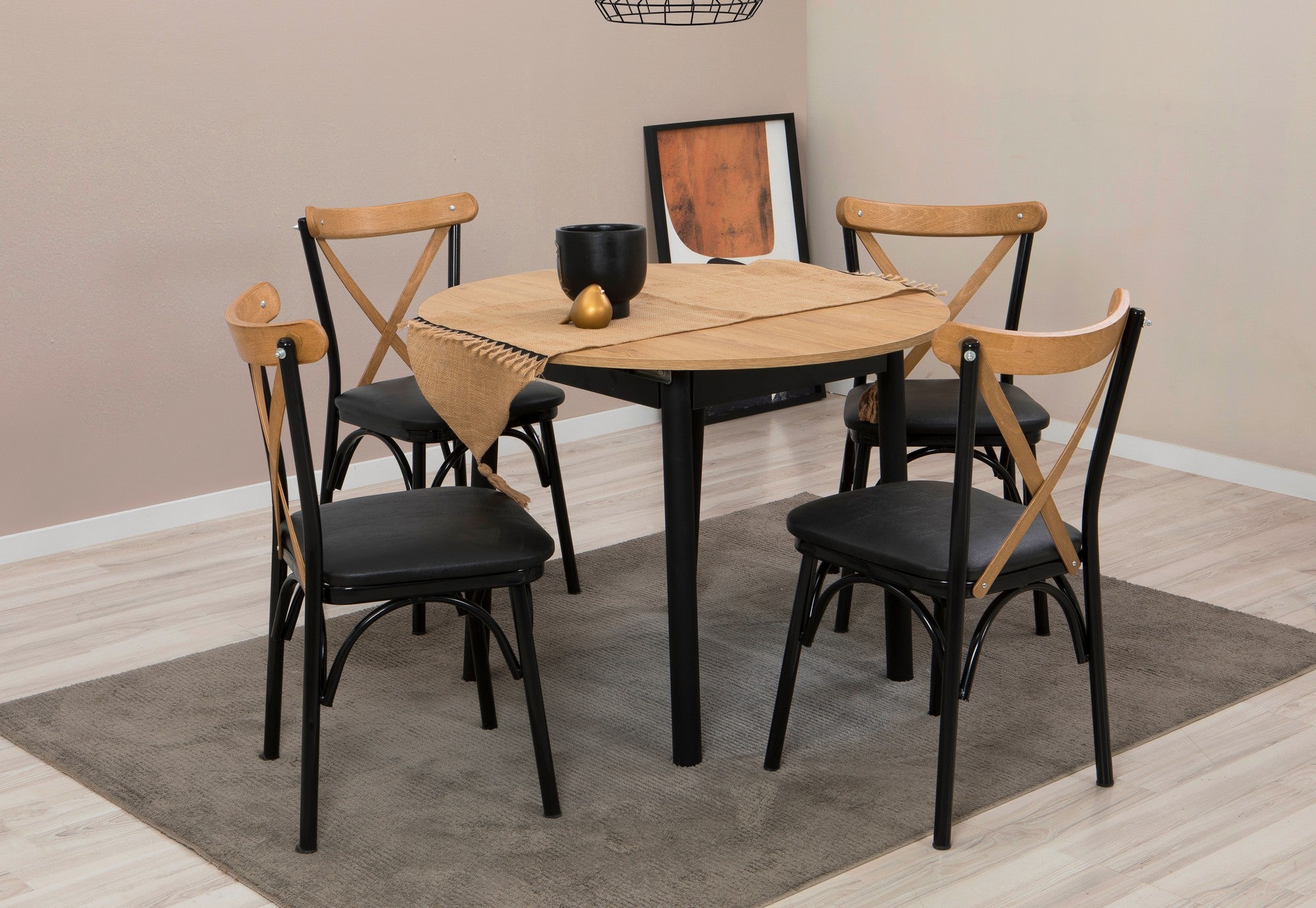 Conjunto de mesa de jantar extensível e cadeiras (5 peças), carvalho e preto, 100 cm - 139 cm | 100% revestido em melamina, pernas de madeira de faia | Elegante e funcional para refeições modernas