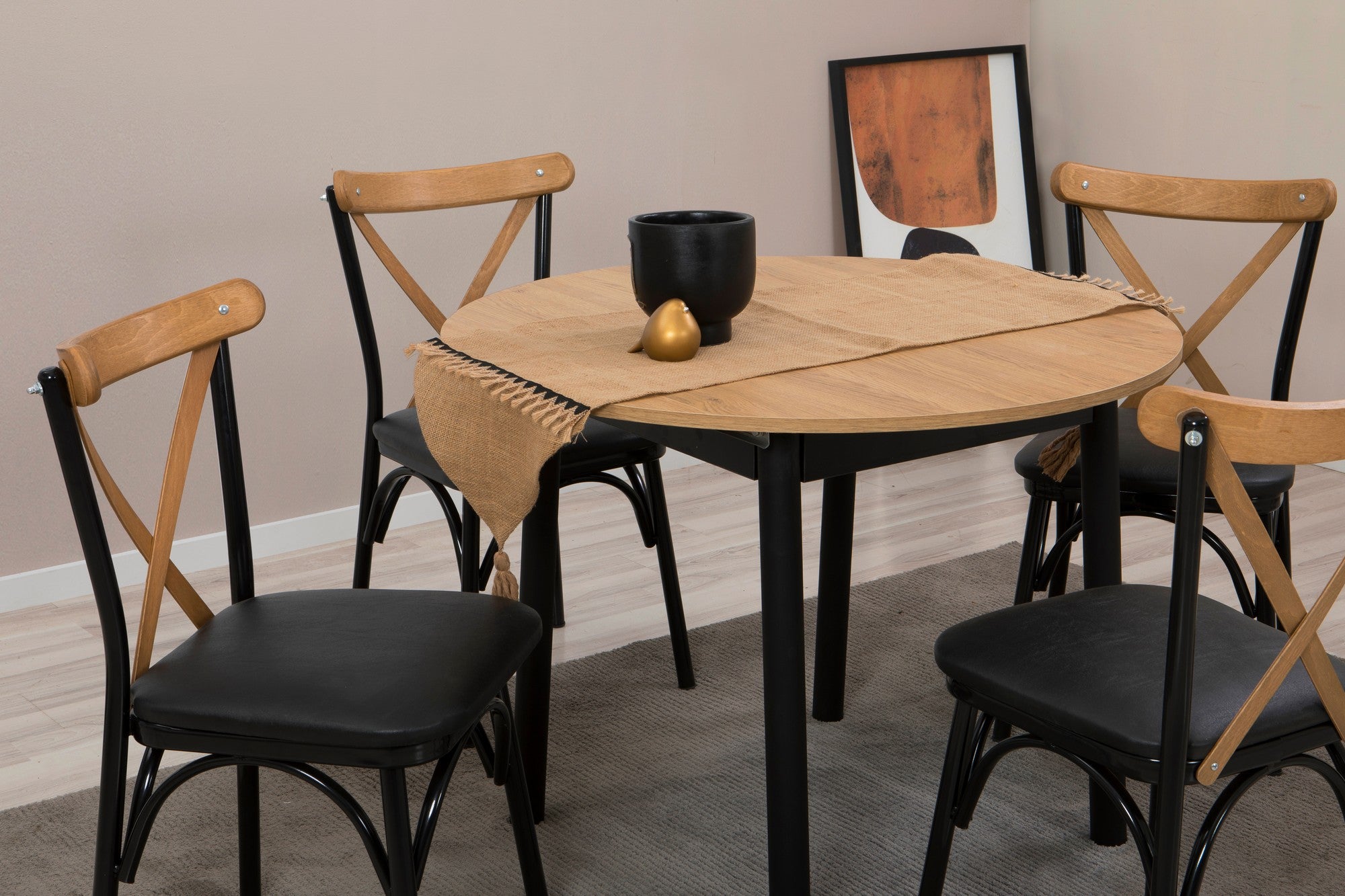 Conjunto de mesa de jantar extensível e cadeiras (5 peças), carvalho e preto, 100 cm - 139 cm | 100% revestido em melamina, pernas de madeira de faia | Elegante e funcional para refeições modernas