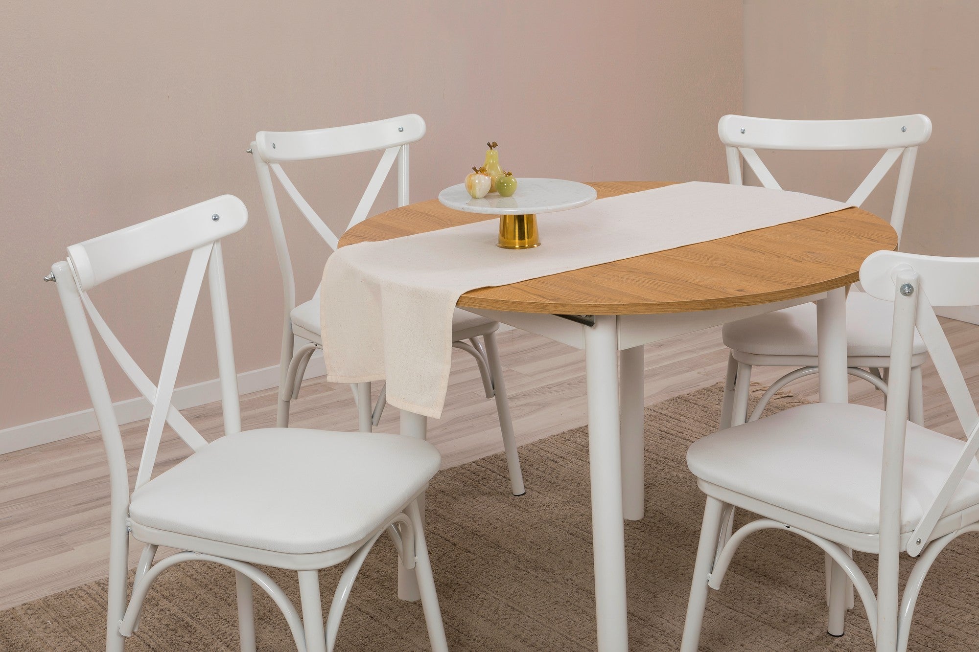 Conjunto de mesa de jantar extensível e cadeiras (5 peças), branco e carvalho, 100 x 100 cm (aberto: 139 cm) | 100% revestido em melamina, pernas de madeira de faia | Elegante e funcional para refeições modernas